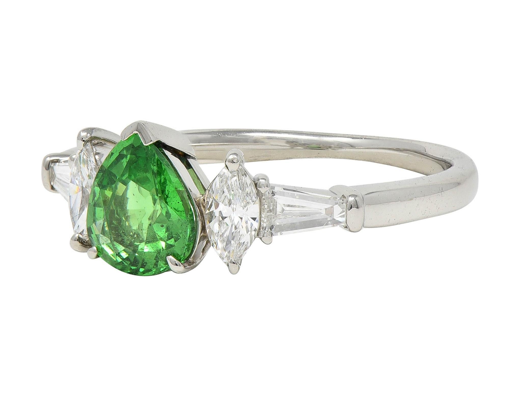 Contemporary 1.38 CTW Tsavorite Garnet Diamond Platinum Five Stone Ring For Sale 2
