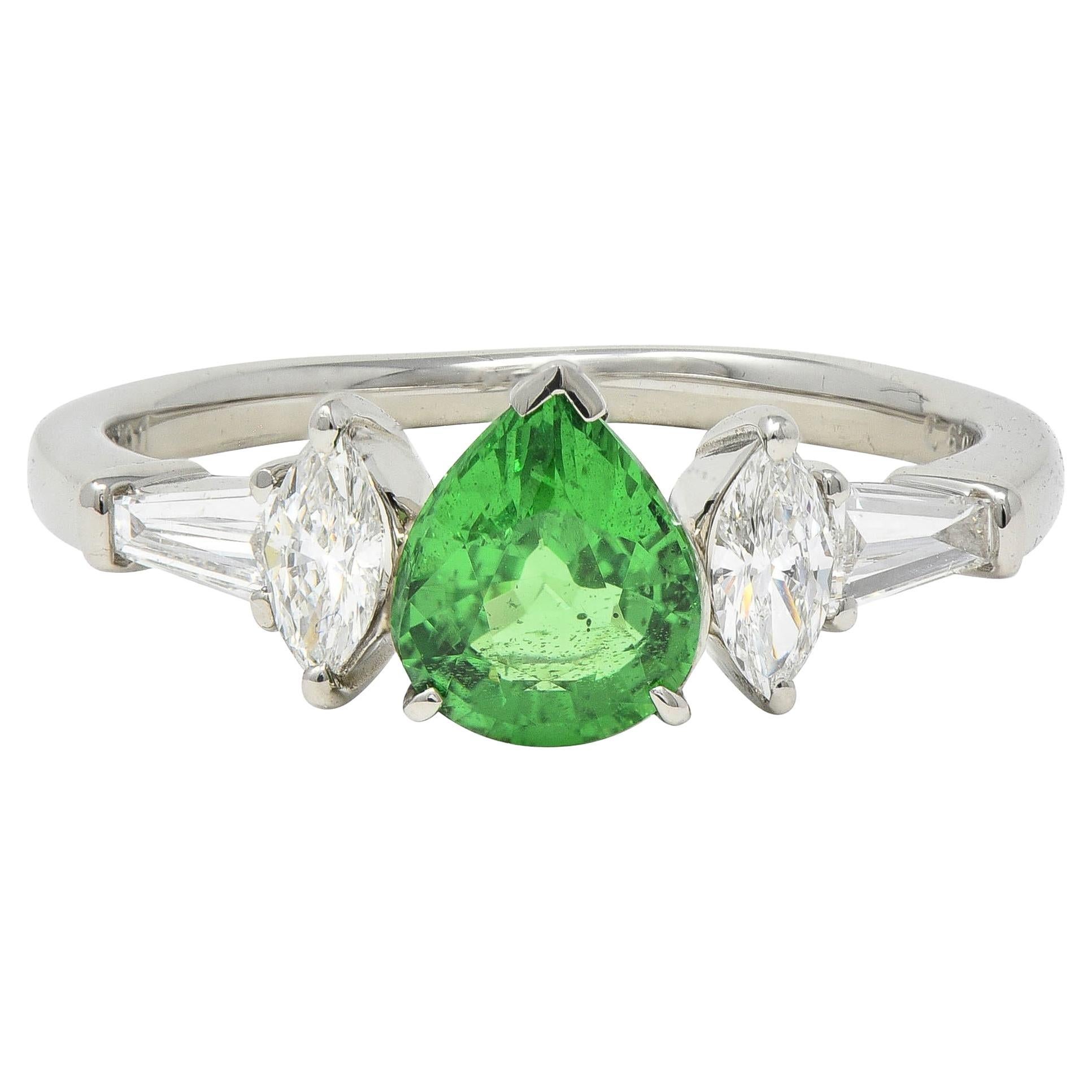Contemporary 1.38 CTW Tsavorite Garnet Diamond Platinum Five Stone Ring For Sale