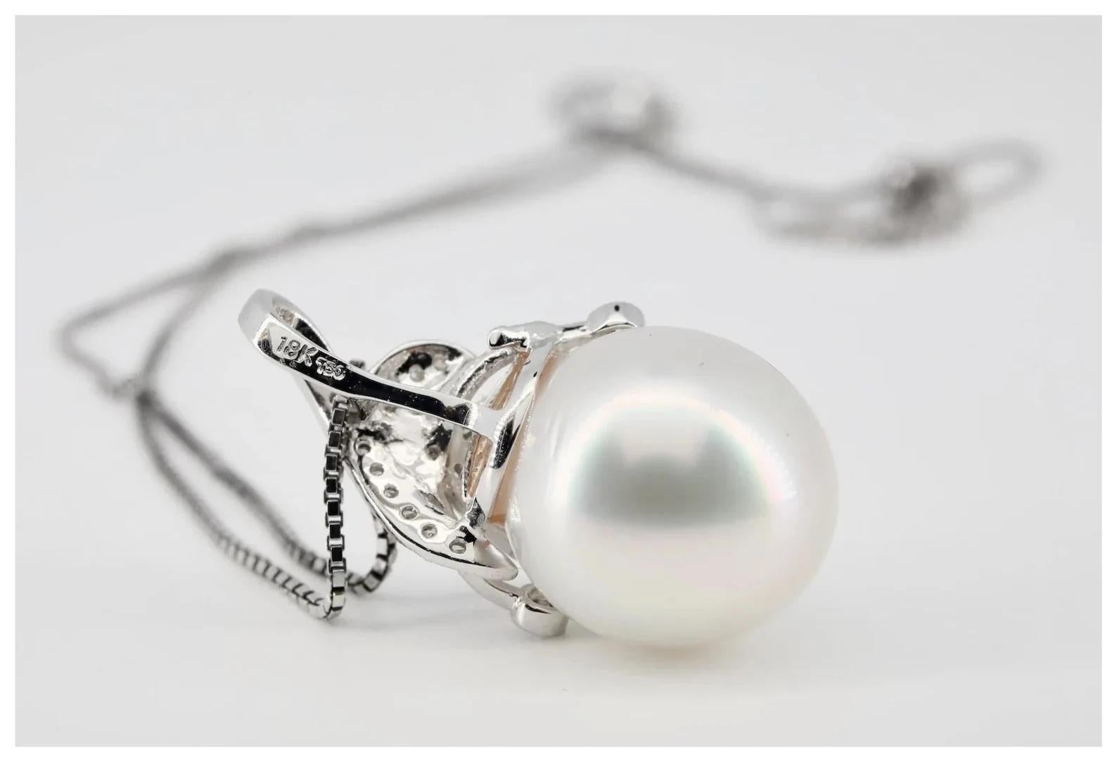 Brilliant Cut Contemporary 13mm South Sea Pearl & Diamond Pendant in 18K White Gold For Sale