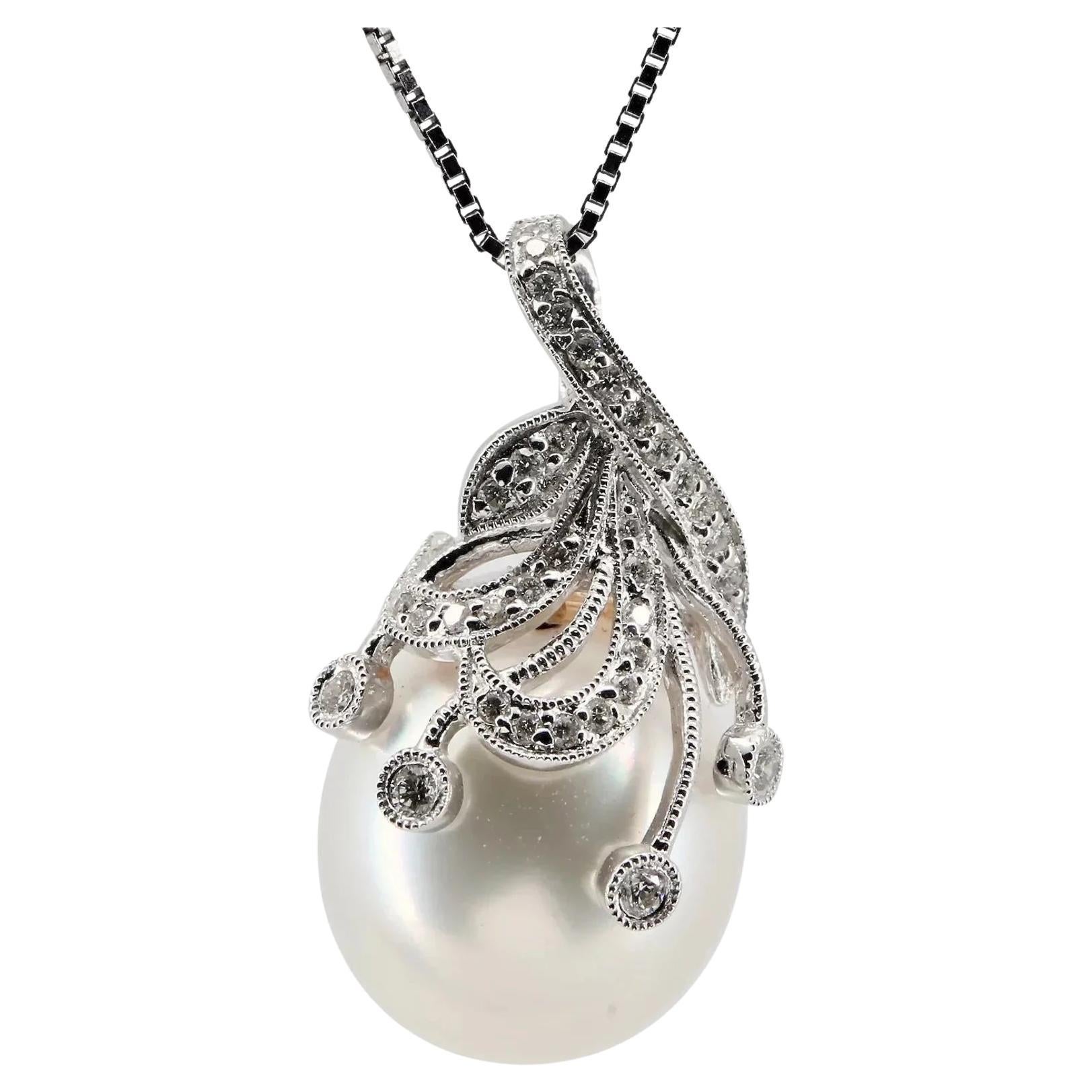 Contemporary 13mm South Sea Pearl & Diamond Pendant in 18K White Gold For Sale