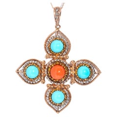 Contemporary 14 Carat Tri-Colour Gold Turquoise & Coral Pendant & 9 Carat Chain