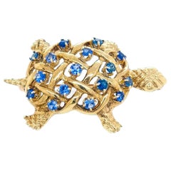 Vintage Contemporary 14 Karat Gold and Sapphire Turtle Pin