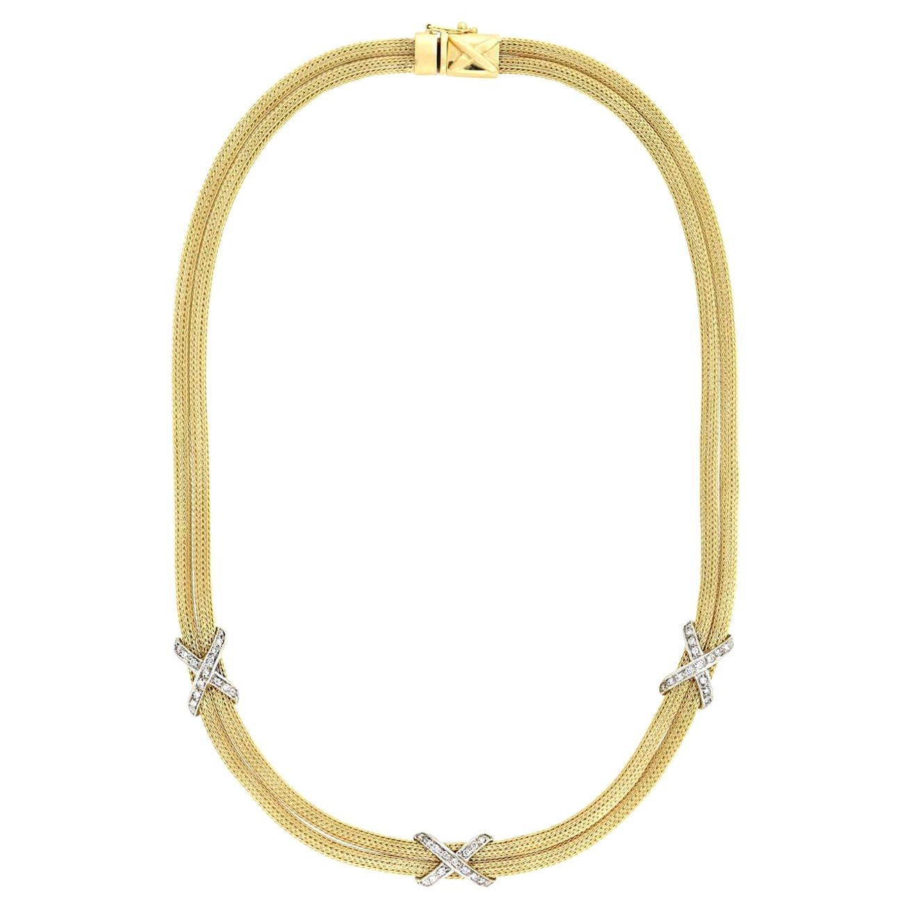 Contemporary 14 Karat Gold Diamond Two-Strand Mesh Chain Necklace