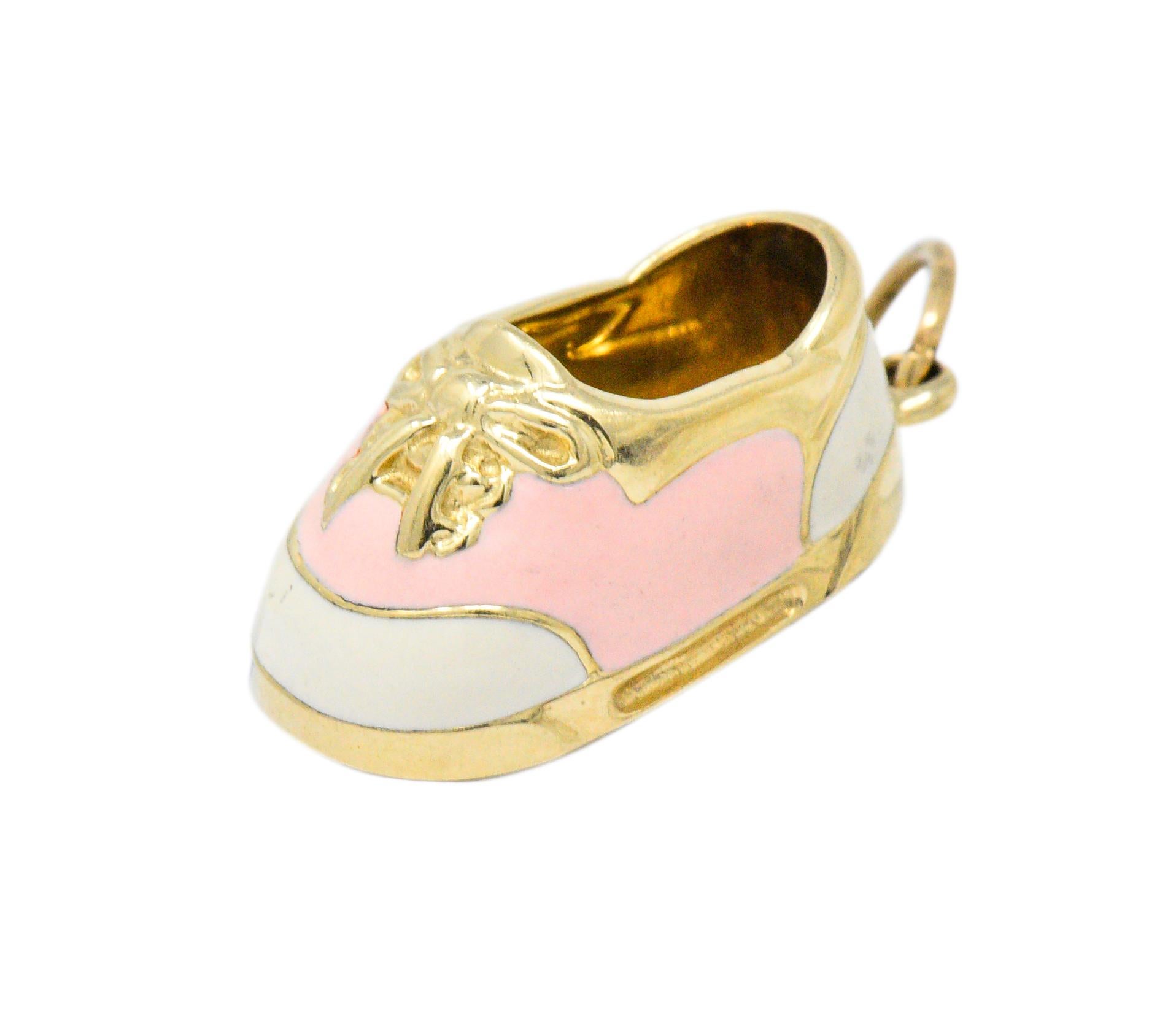 Contemporary 14 Karat Gold Pink Cream Enamel Saddle Shoe Charm In Excellent Condition In Philadelphia, PA