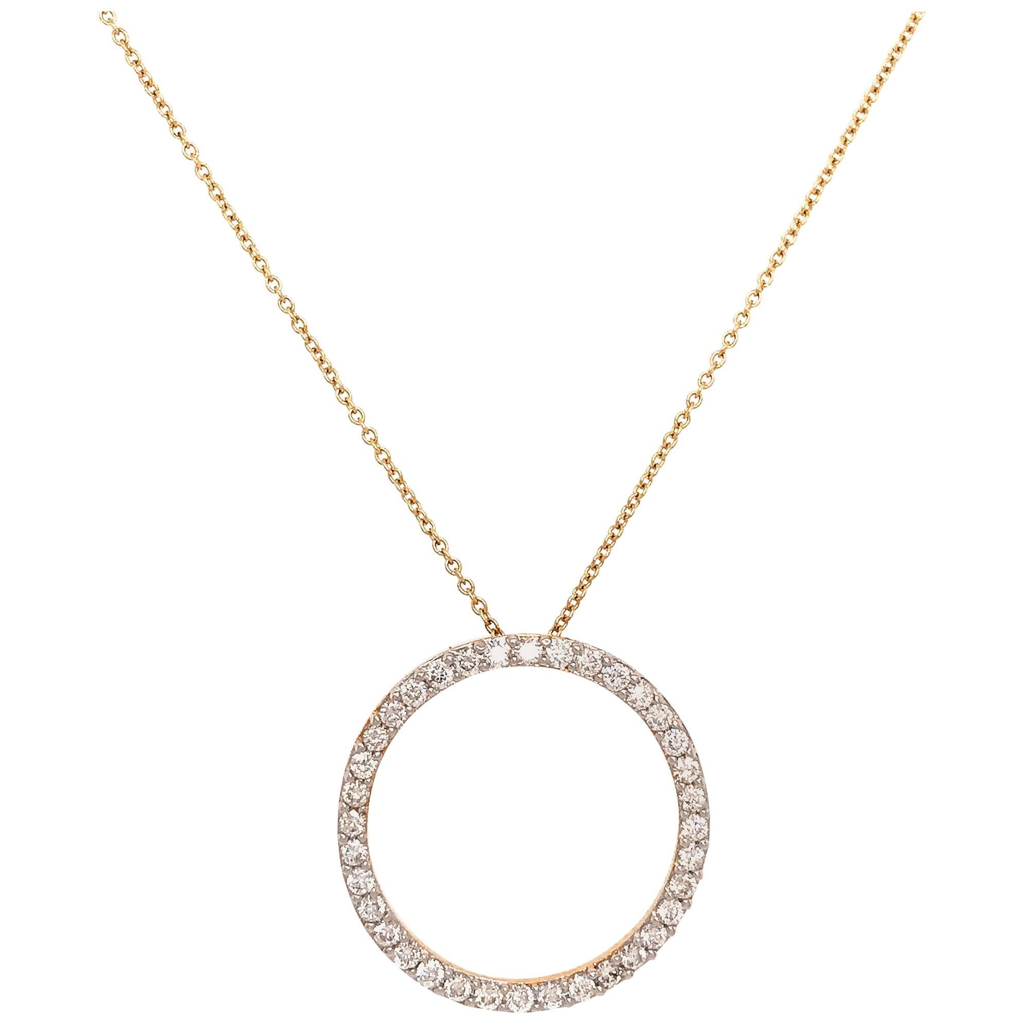 Contemporary 14 Karat Yellow Gold Circle Diamond Pendant Necklace