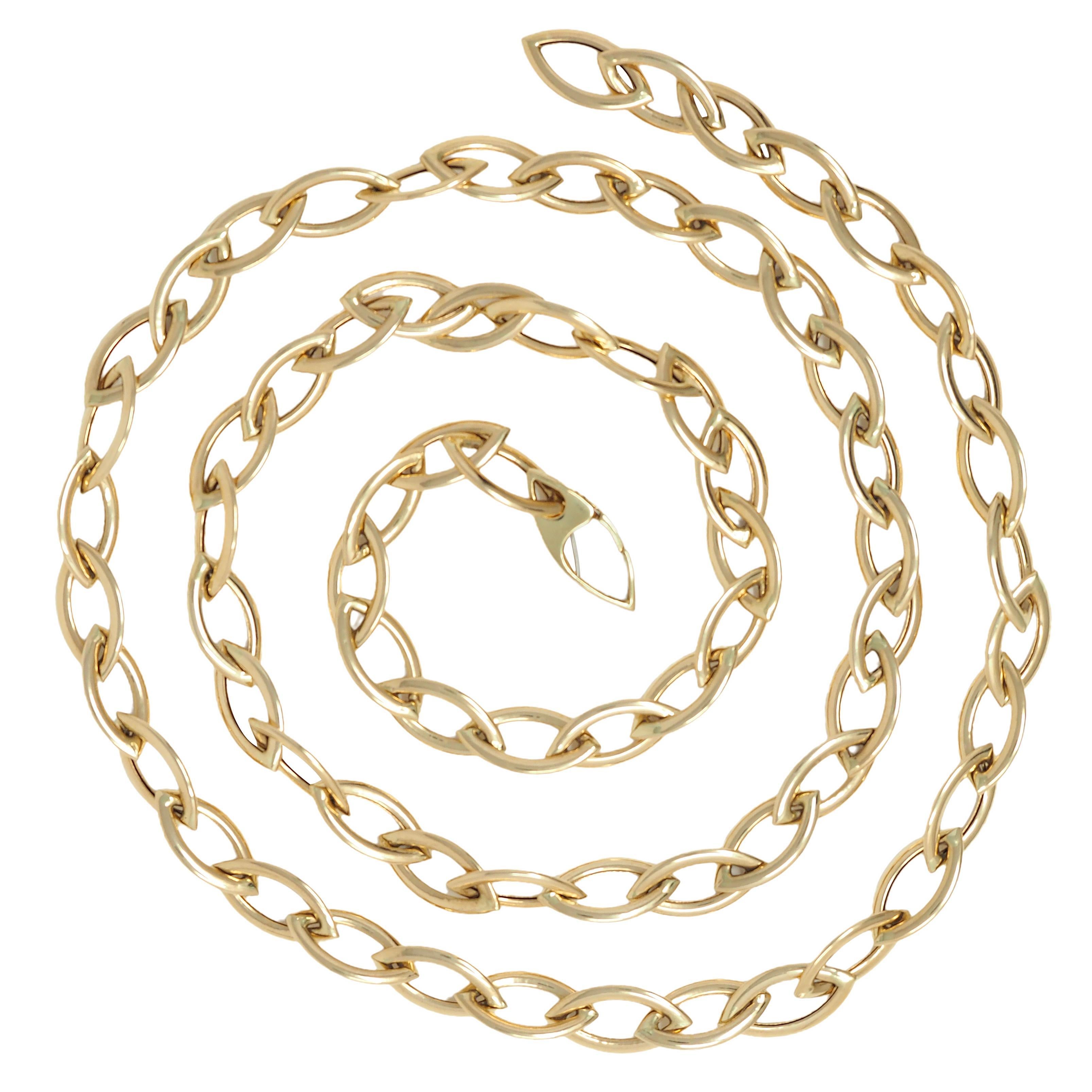 Contemporain Contemporary 14 Karat Yellow Gold Fancy Navette Link Chain Necklace (Collier à maillons en or jaune 14 carats) en vente