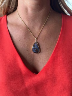 Contemporary 14 Karat Yellow Gold Freeform Oval Blue and Brown Opal Pendant