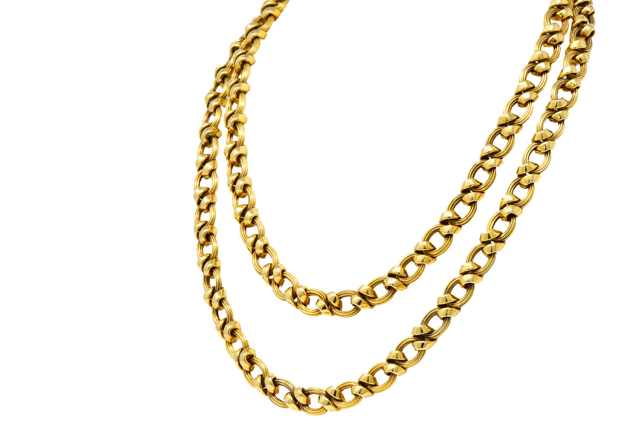 Long chain necklace comprised of both ribbed links and twisted polished gold spacer links

Completed by concealed clasp with double figure eight safeties

With initials JMP inscribed on back of clasp

Stamped Italy and 14KT for 14 karat