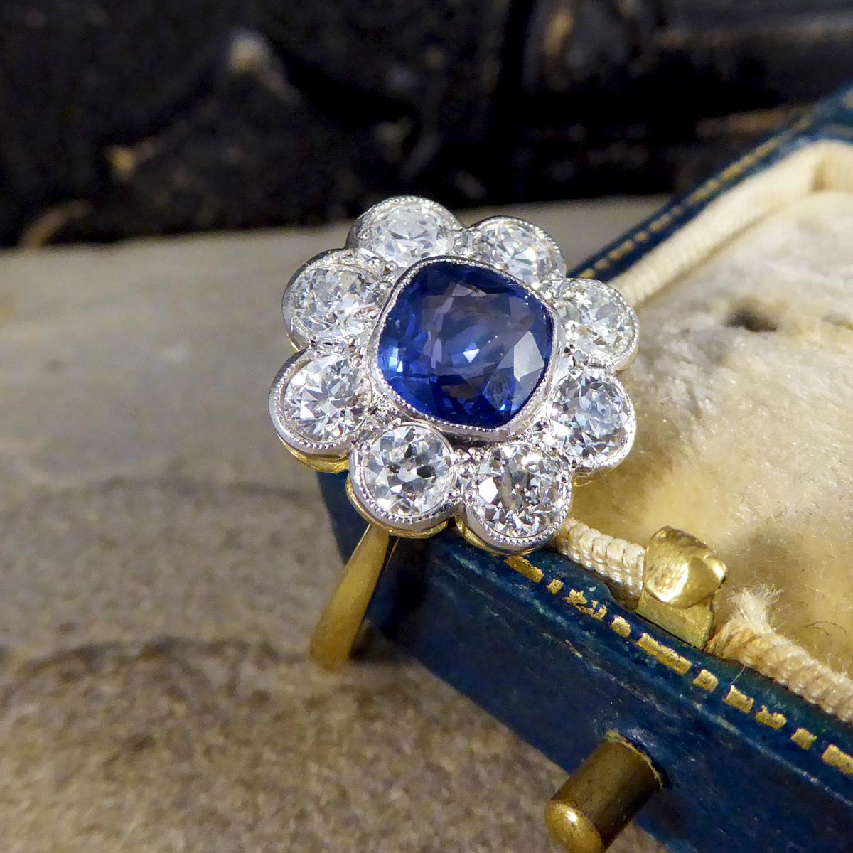 Contemporary 1.40ct Sapphire and 1.35ct Diamond Cluster Ring in 18ct Gold 2