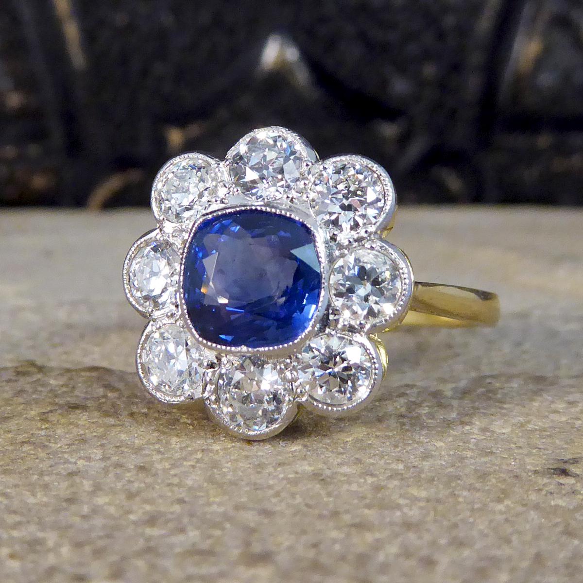 Edwardian Contemporary 1.40ct Sapphire and 1.35ct Diamond Cluster Ring in 18ct Gold