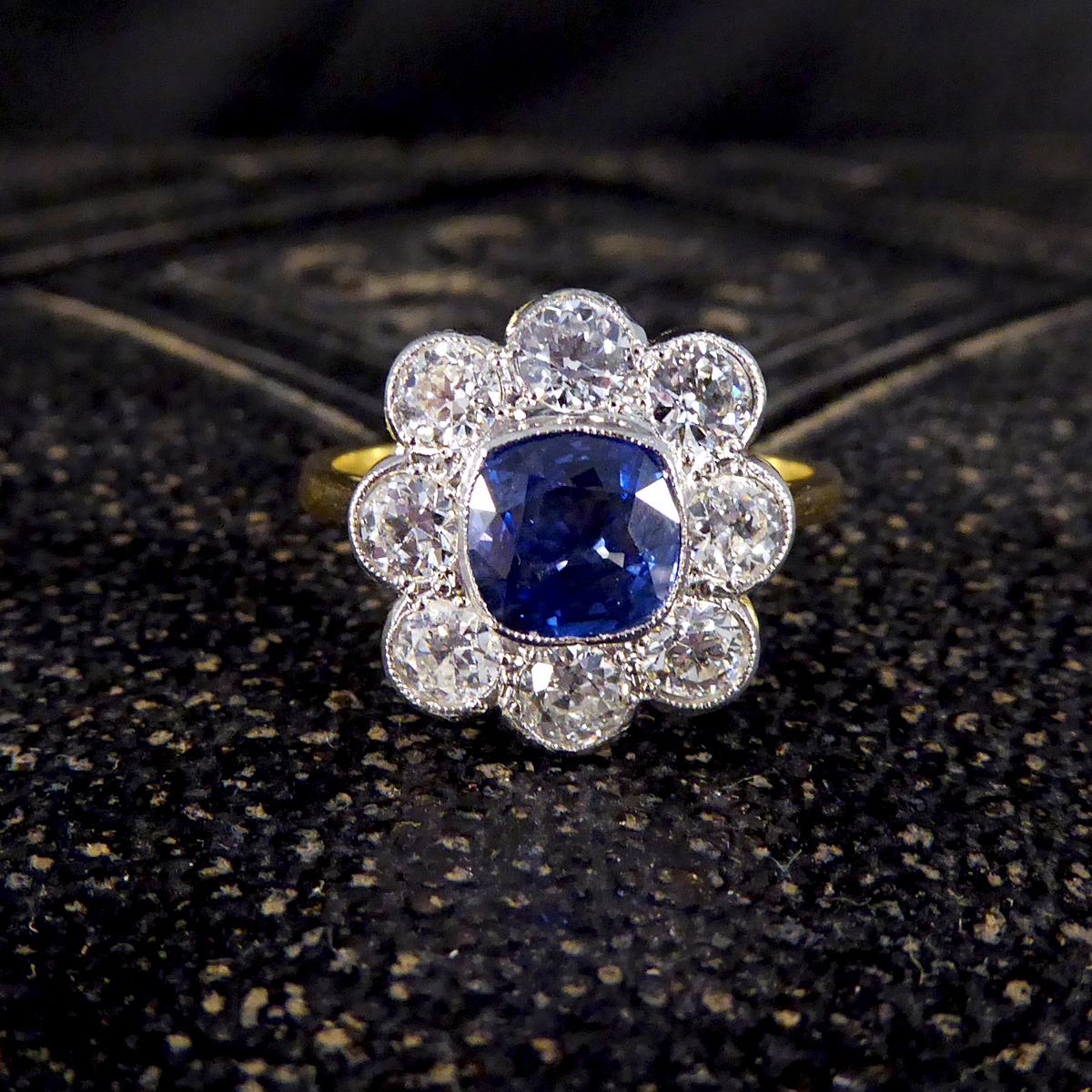 Contemporary 1.40ct Sapphire and 1.35ct Diamond Cluster Ring in 18ct Gold 1