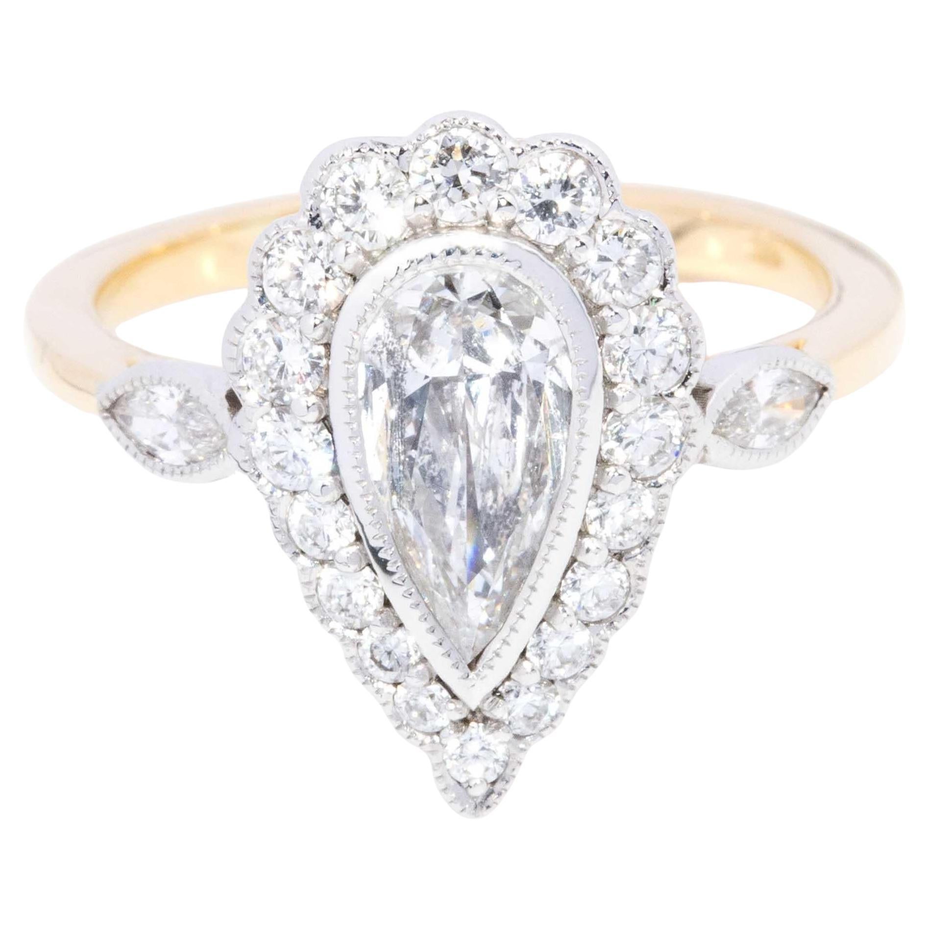Contemporary 1.41 Carat Pear Cut Brilliant Diamond Halo Ring 18 Carat Gold