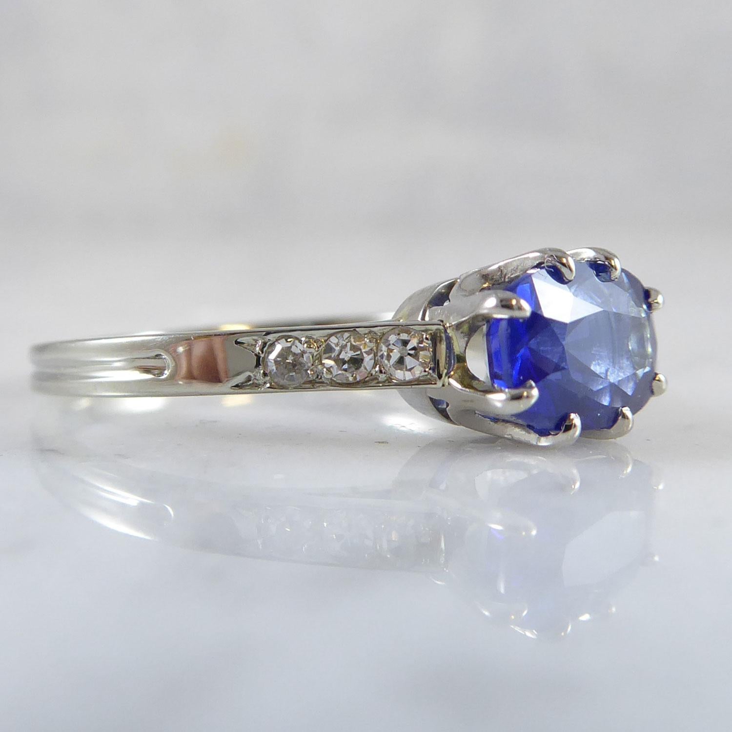 Contemporary 1.41 Carat Sapphire Ring with Diamond Set Shoulders, French In Good Condition In Yorkshire, West Yorkshire