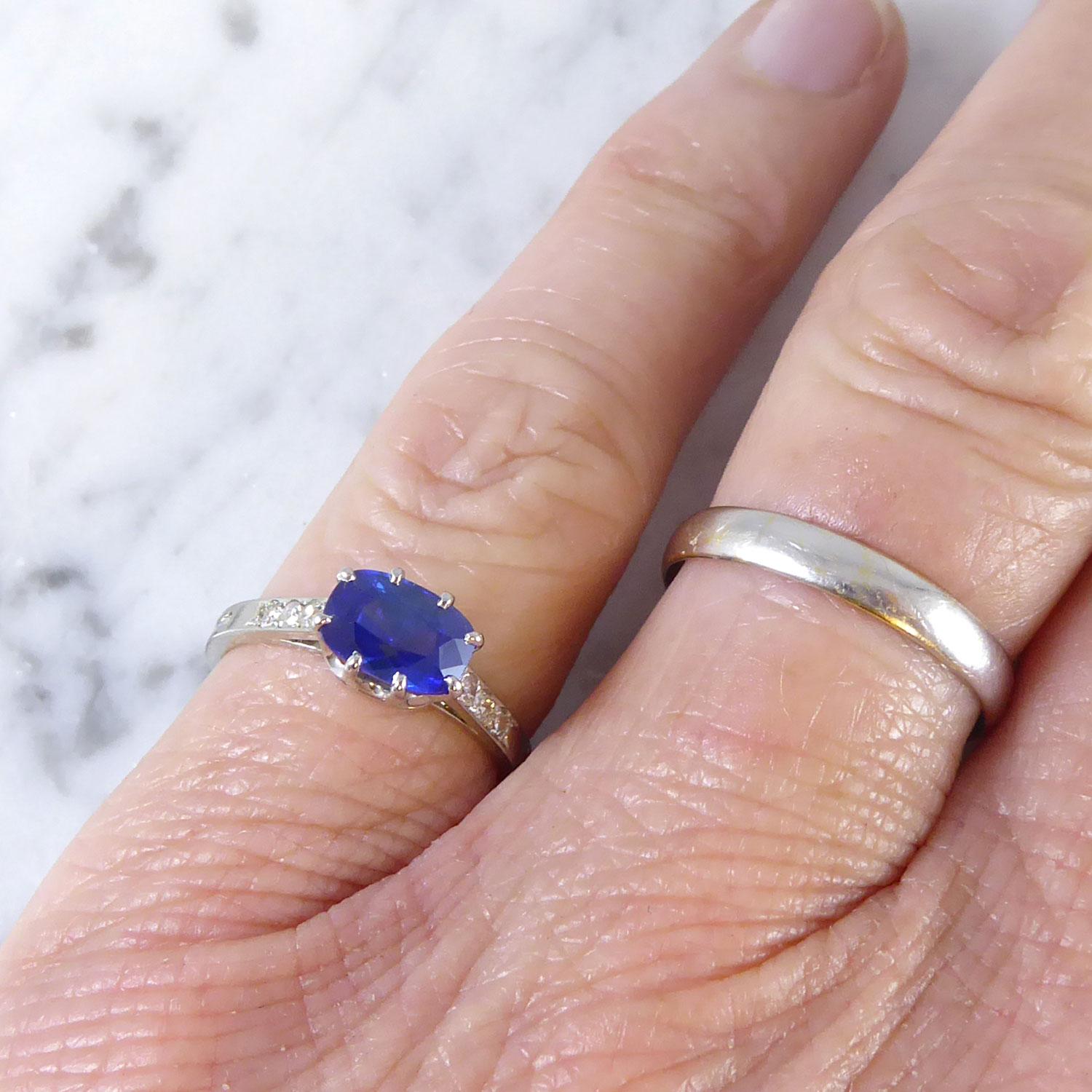 Contemporary 1.41 Carat Sapphire Ring with Diamond Set Shoulders, French 1