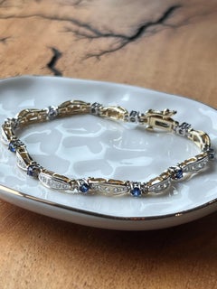 Contemporary 1.43tcw Blue Sapphire & Diamond 14K Two Tone Gold Link Bracelet