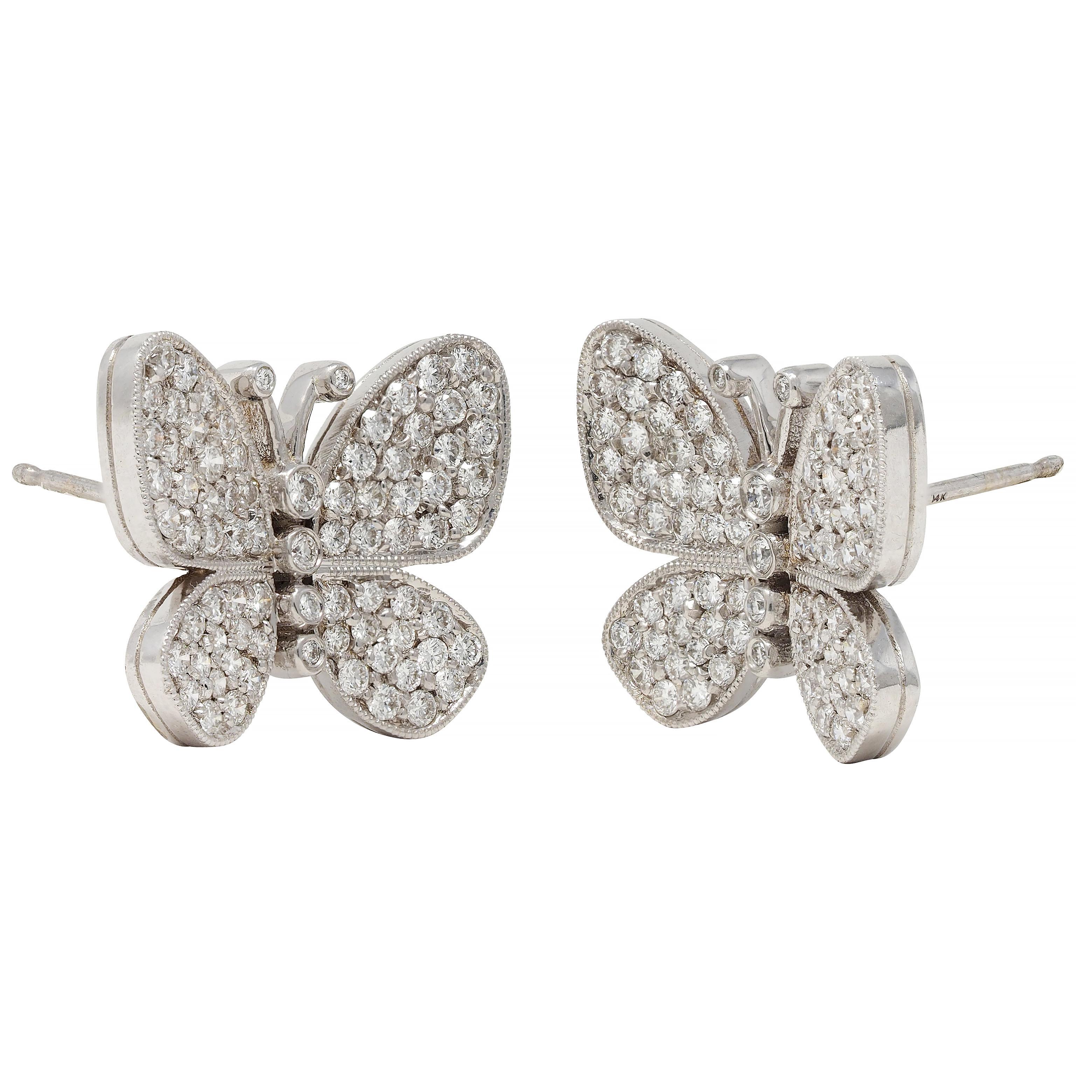 Contemporary 1.45 CTW Diamond 14 Karat White Gold Butterfly Earrings In Excellent Condition In Philadelphia, PA