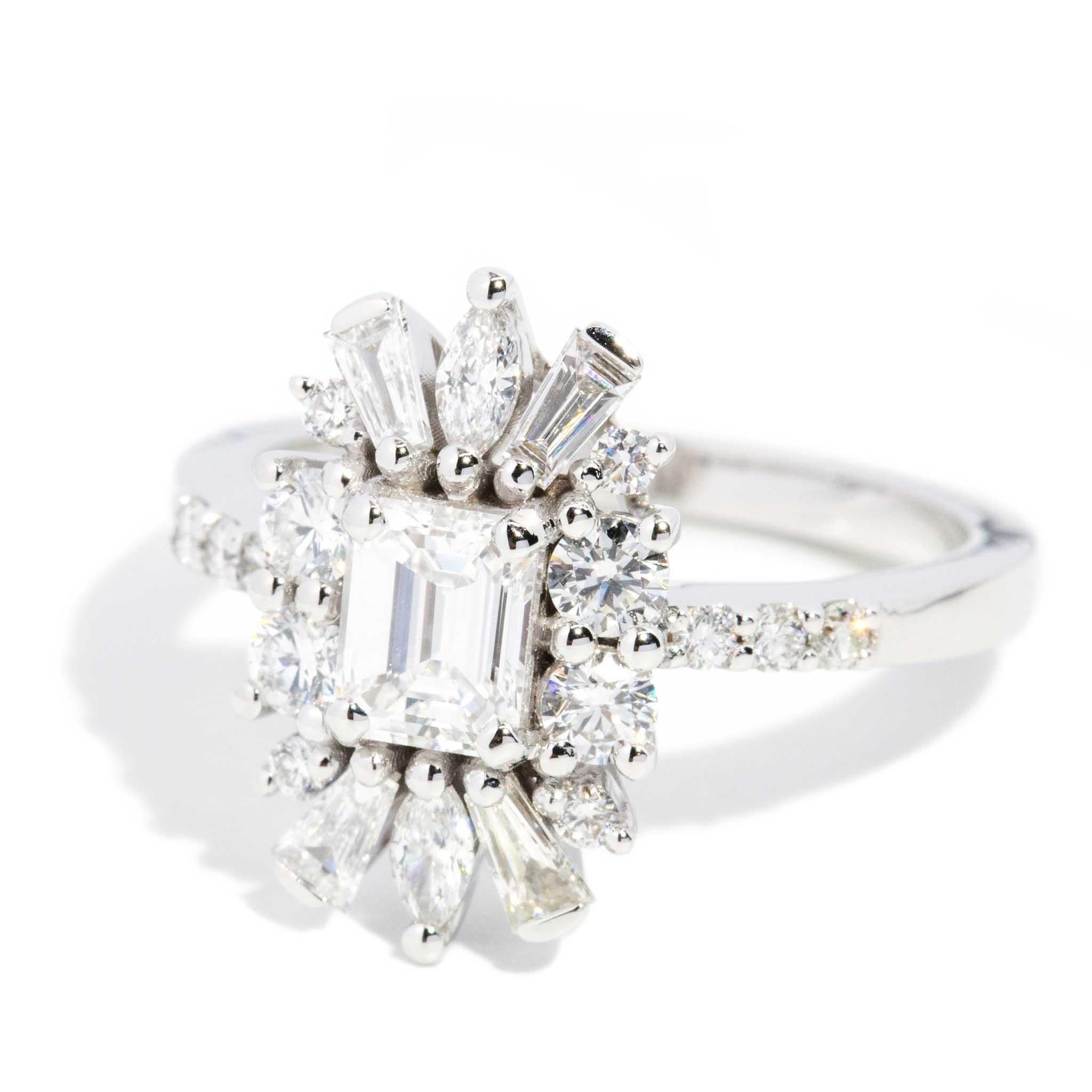 Emerald Cut Contemporary 1.47 Carat Diamond Cluster Ring 18 Carat White Gold For Sale