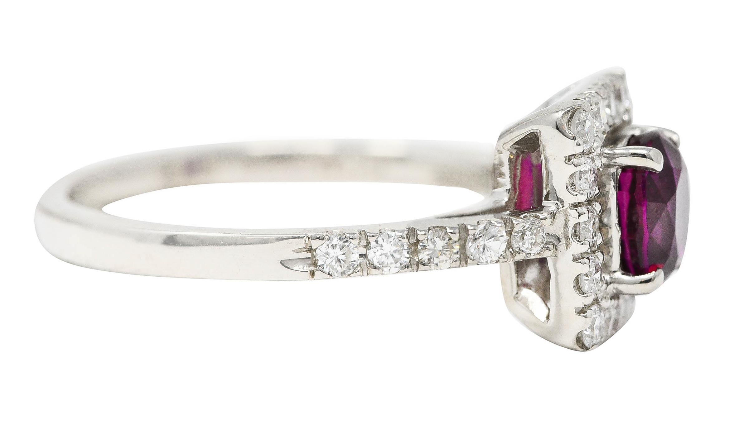 Contemporary 1.47 Carats Cushion Cut Ruby Diamond Platinum Square Halo Ring In Excellent Condition For Sale In Philadelphia, PA
