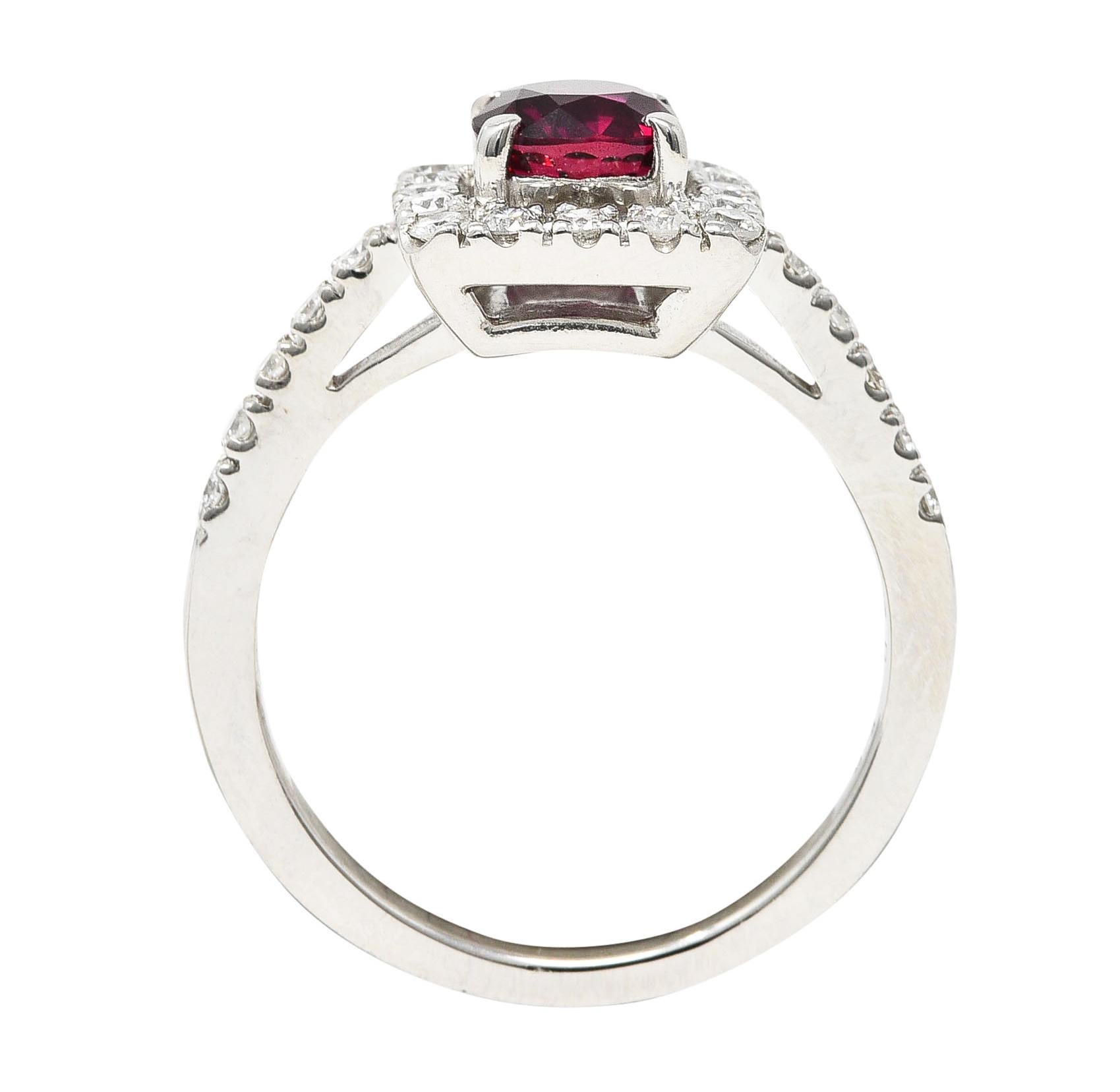 Contemporary 1.47 Carats Cushion Cut Ruby Diamond Platinum Square Halo Ring For Sale 5