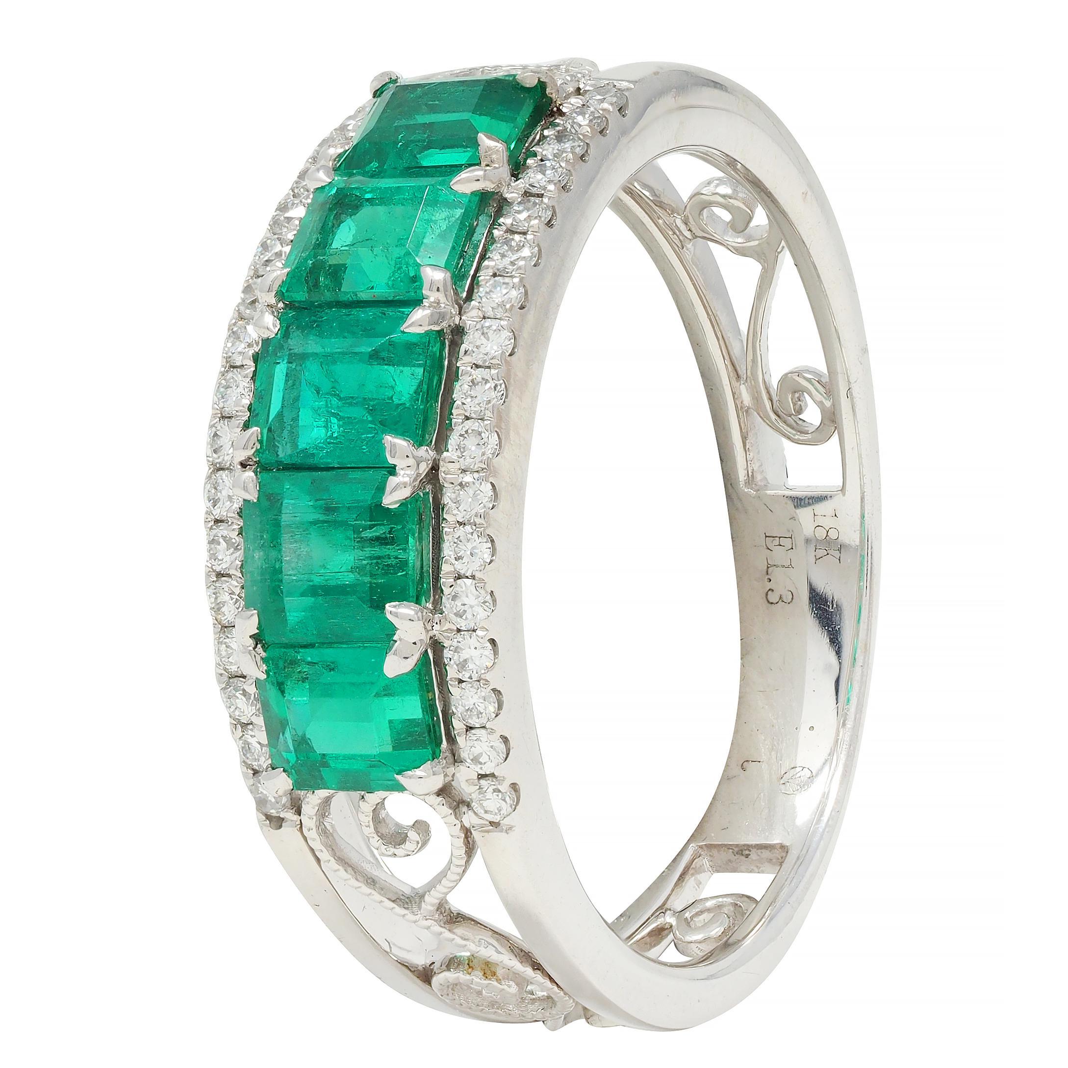Contemporary 1.47 CTW Emerald Diamond 18 Karat White Gold Heart Band Ring For Sale 5