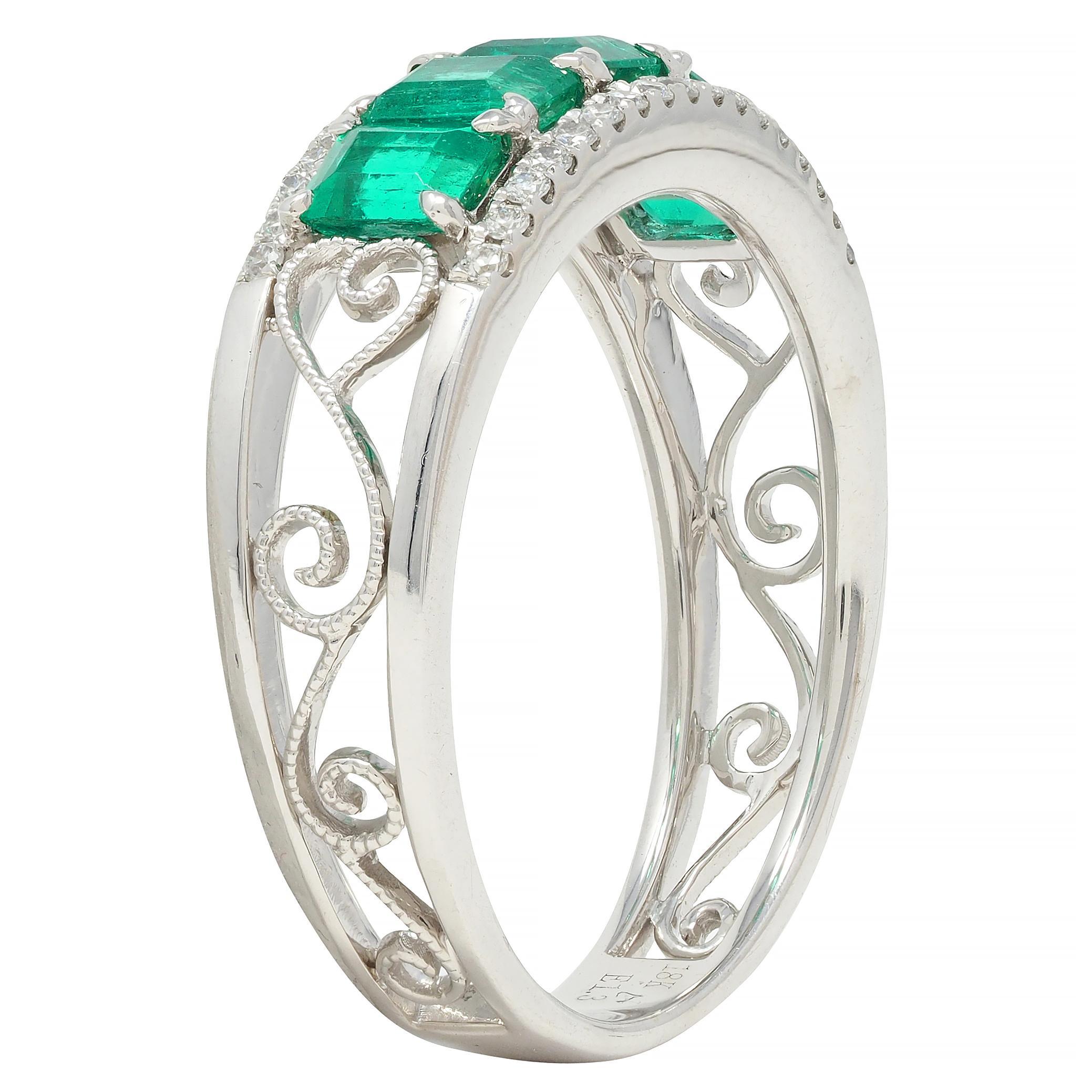 Contemporary 1.47 CTW Emerald Diamond 18 Karat White Gold Heart Band Ring For Sale 3