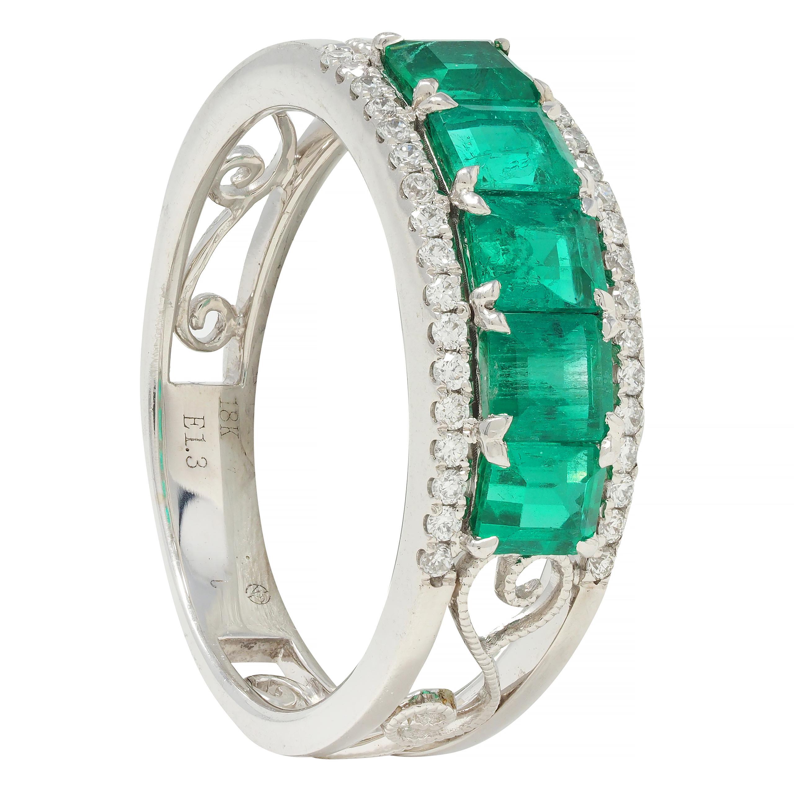 Contemporary 1.47 CTW Emerald Diamond 18 Karat White Gold Heart Band Ring For Sale 4