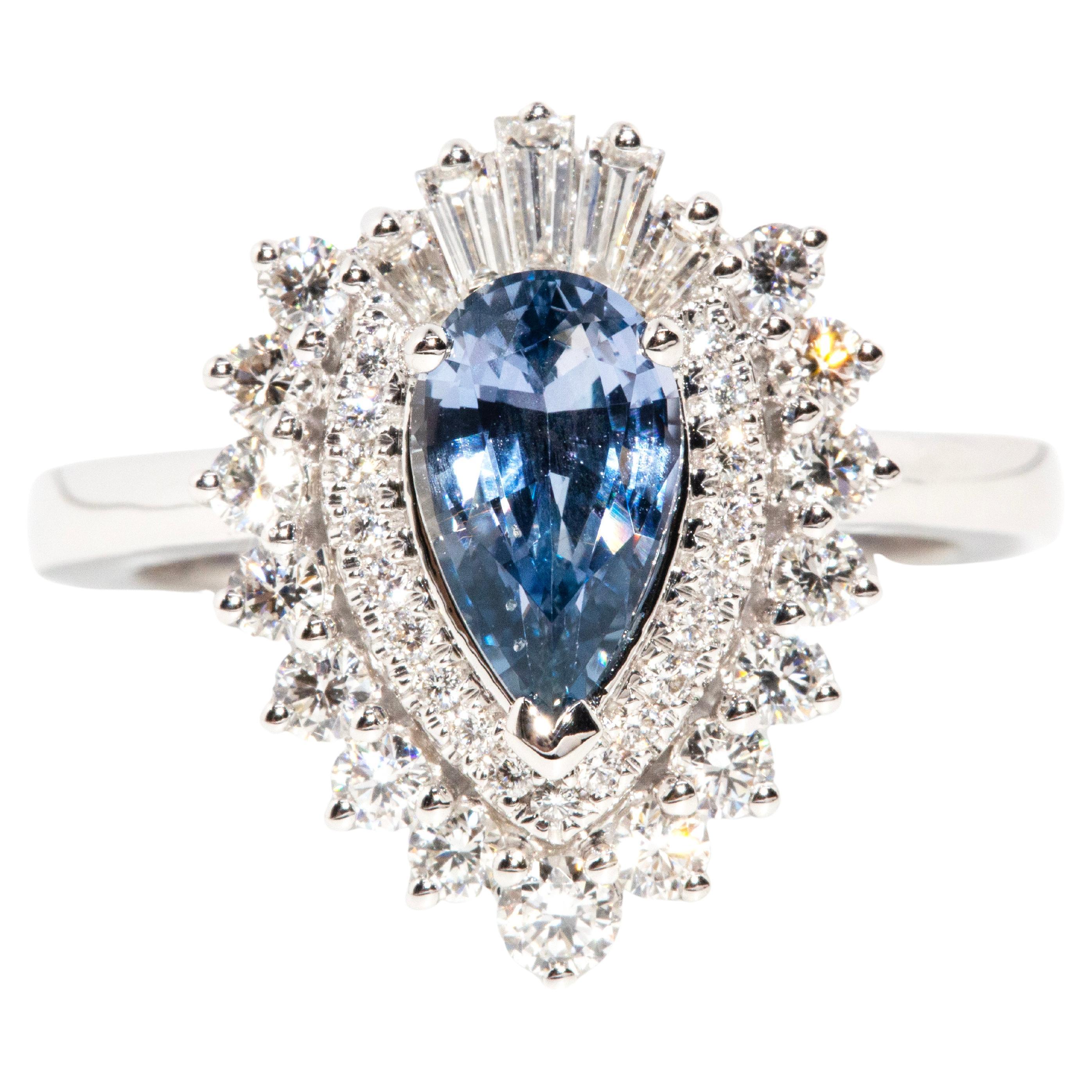 Contemporary 1.48 Carat Pear Cut Sapphire Double Halo RIng 18 Carat White Gold For Sale