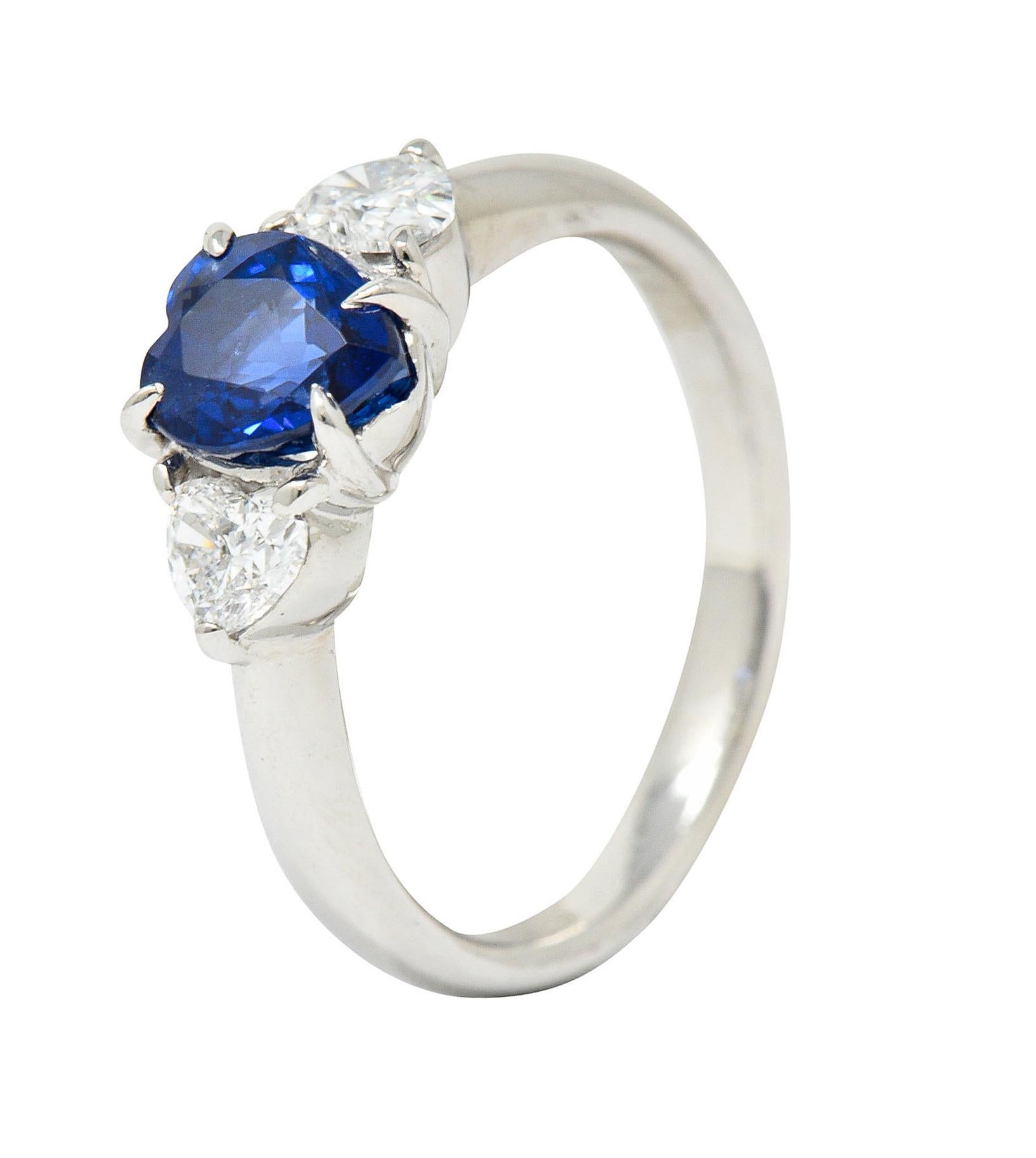 Contemporary 1.48 Carats Heart Sapphire Diamond Platinum Three Stone Ring 7