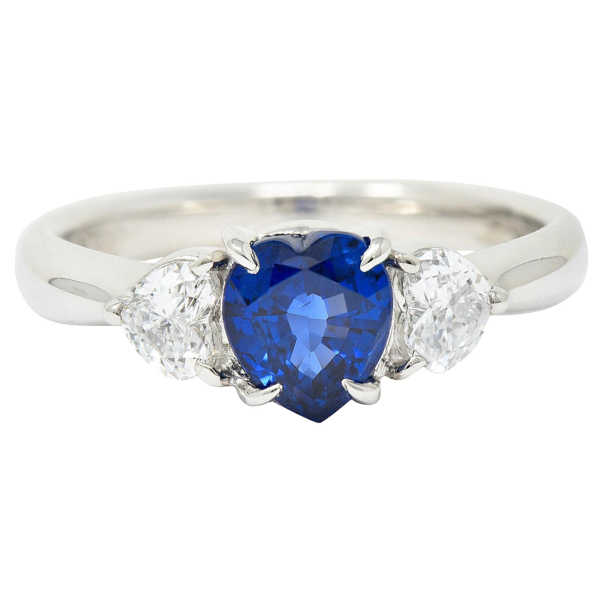 Contemporary 1.48 Carats Heart Sapphire Diamond Platinum Three Stone Ring