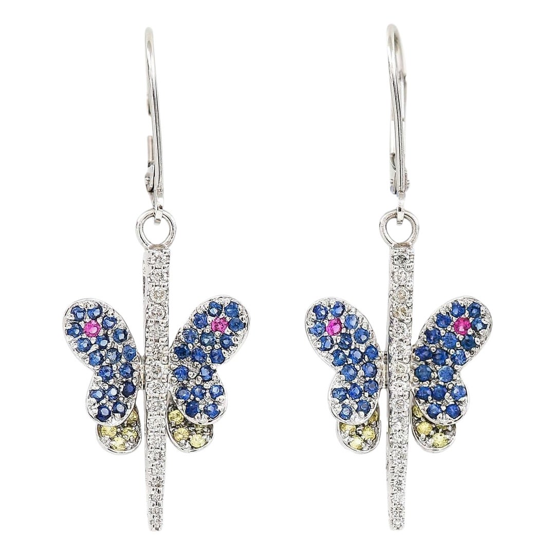 Contemporary 14ct Gold Blue Pink Yellow Sapphire and Diamond Butterfly Earrings