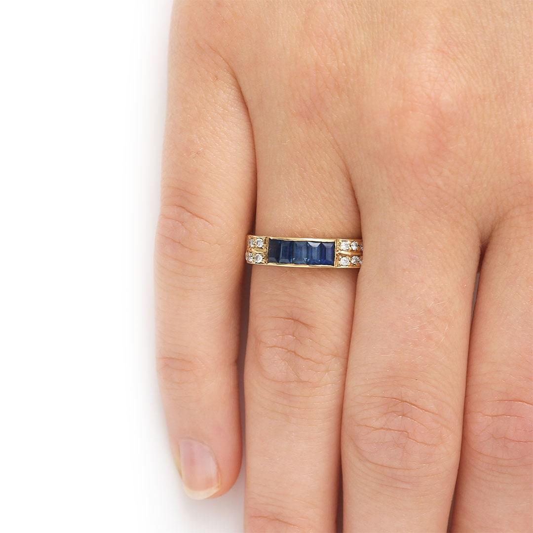 Contemporary 14ct Yellow Gold Sapphire and Diamond Half Eternity Ring 7