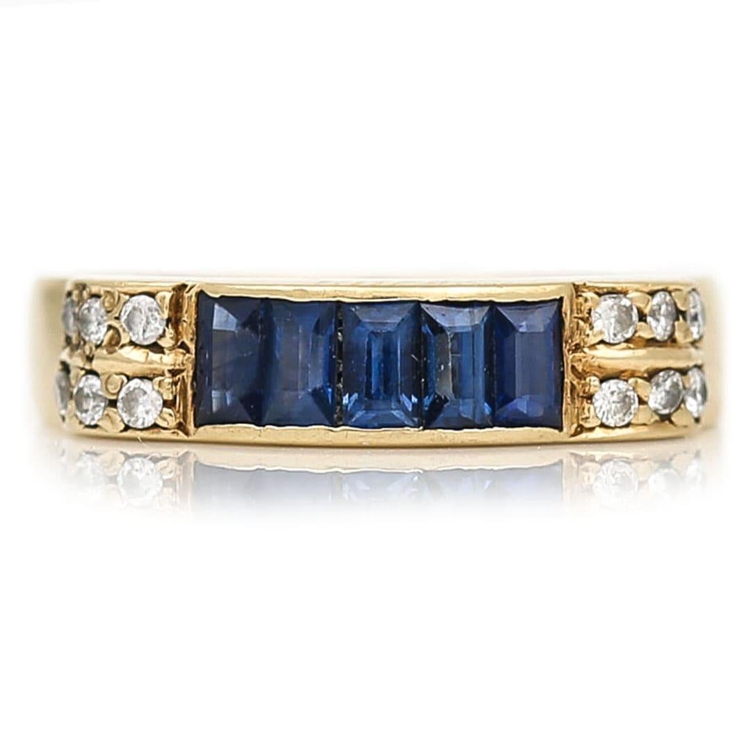 Baguette Cut Contemporary 14ct Yellow Gold Sapphire and Diamond Half Eternity Ring