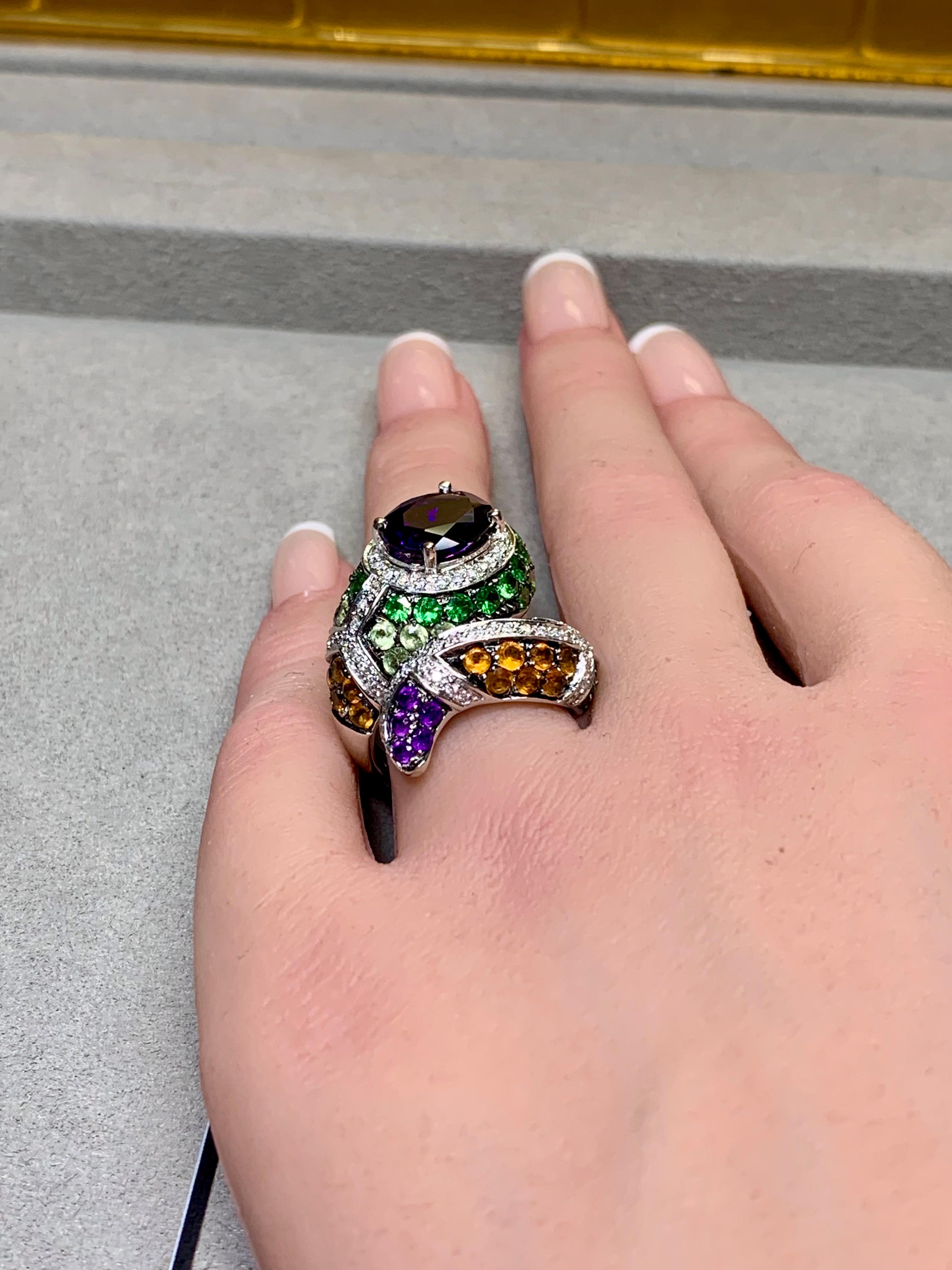 Contemporary 14K Diamond Amethyst Tsavorote Serpent Snake Large Cocktail Ring For Sale 5
