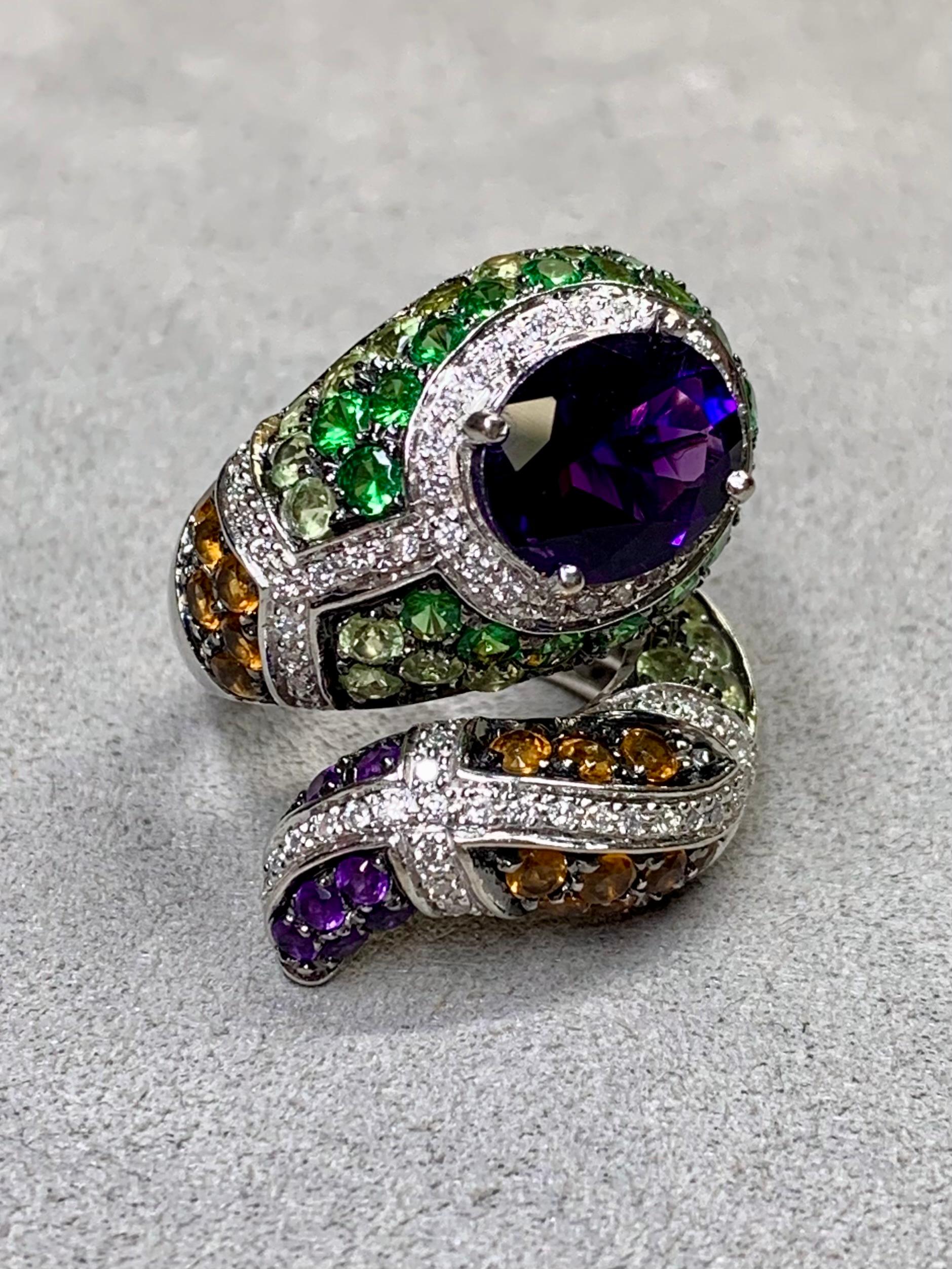 Contemporary 14K Diamond Amethyst Tsavorote Serpent Snake Large Cocktail Ring For Sale 6