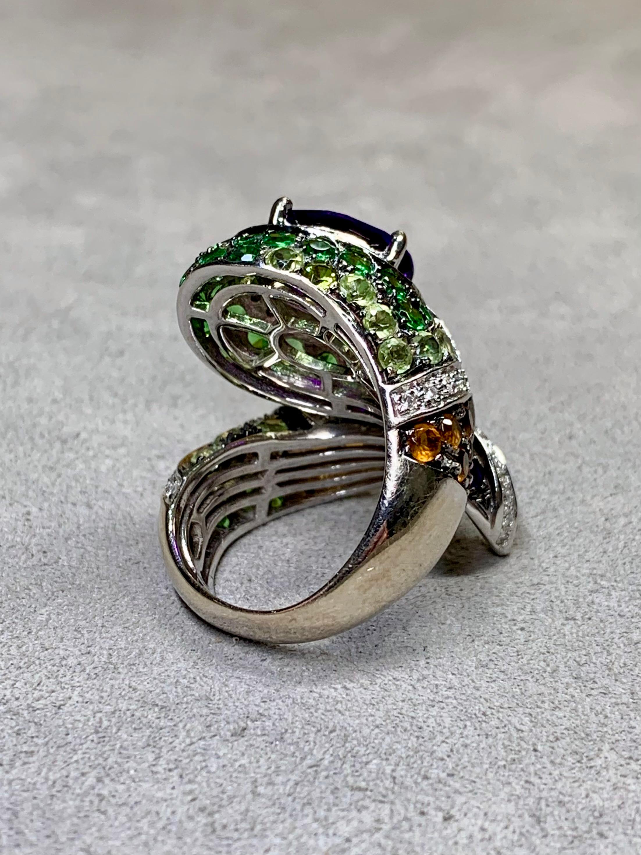 Oval Cut Contemporary 14K Diamond Amethyst Tsavorote Serpent Snake Large Cocktail Ring For Sale