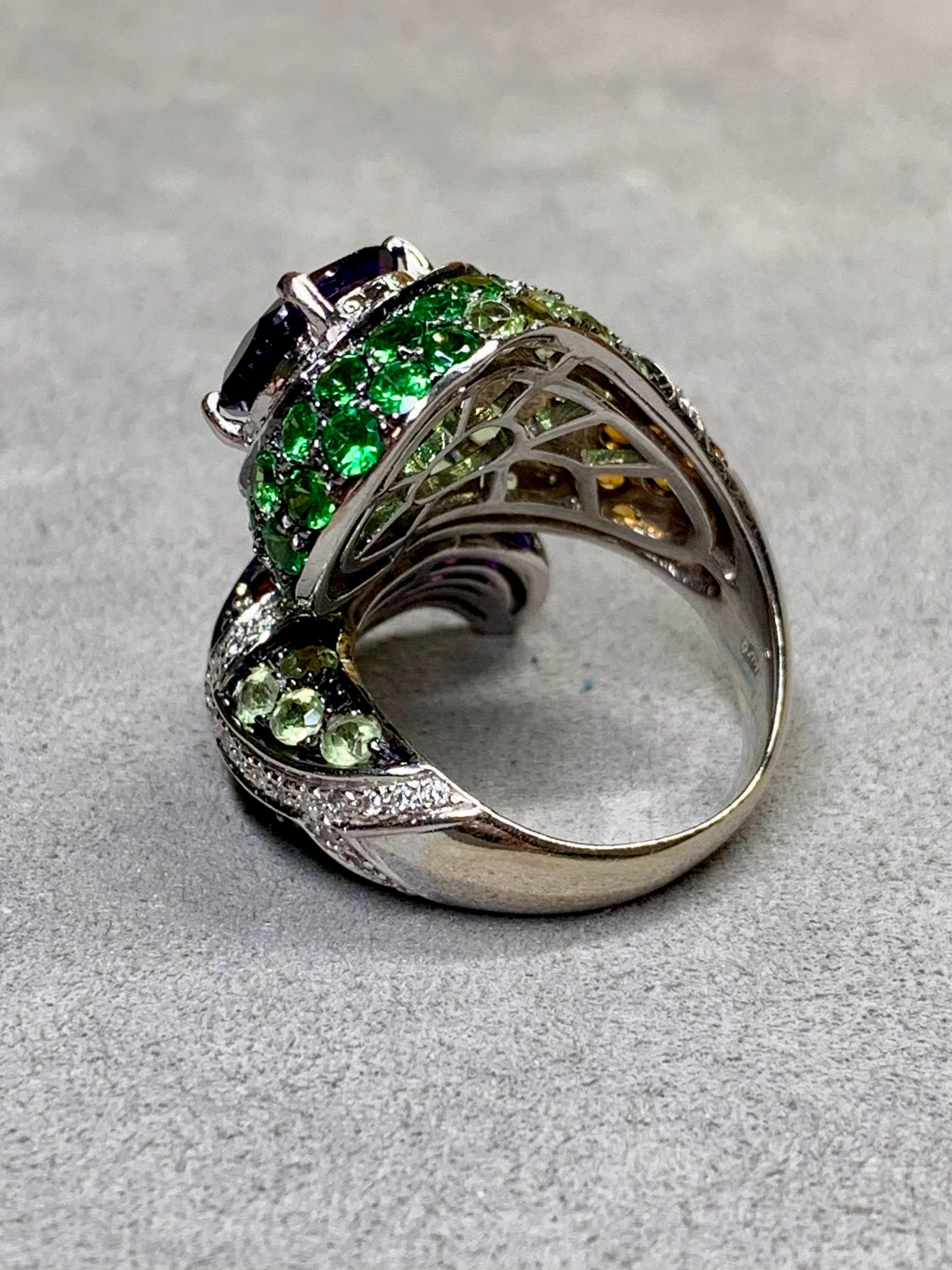 Contemporary 14K Diamond Amethyst Tsavorote Serpent Snake Large Cocktail Ring In Good Condition For Sale In Winter Springs, FL
