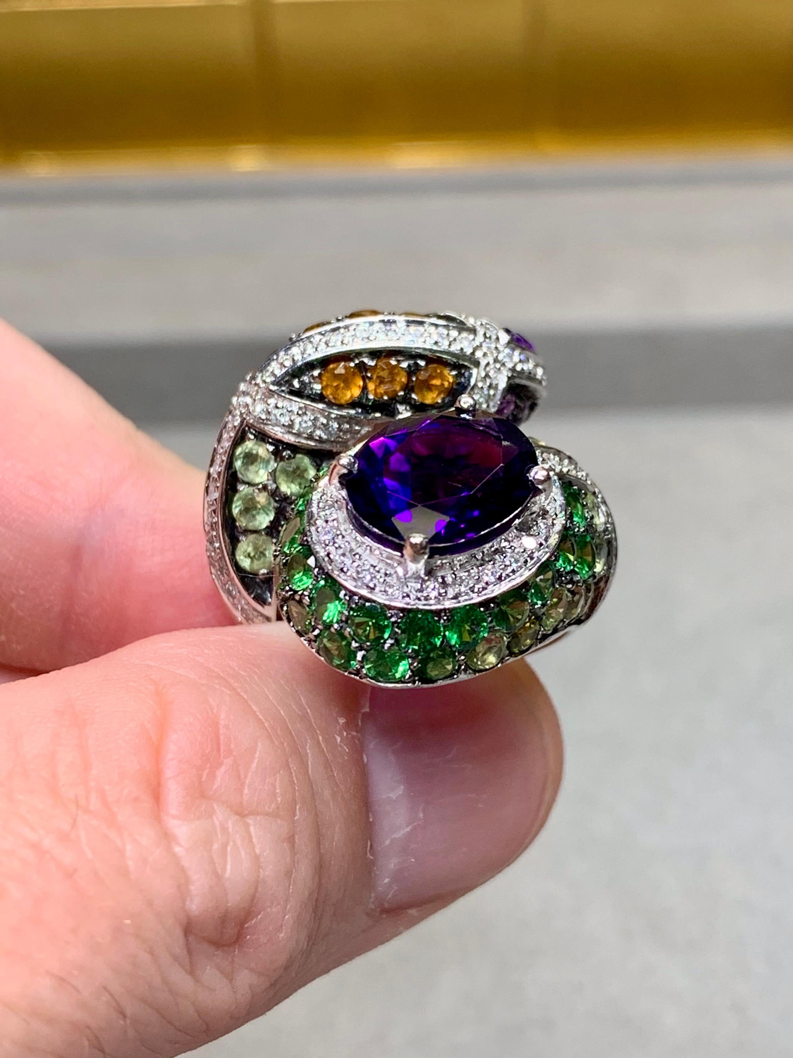 Women's or Men's Contemporary 14K Diamond Amethyst Tsavorote Serpent Snake Large Cocktail Ring For Sale