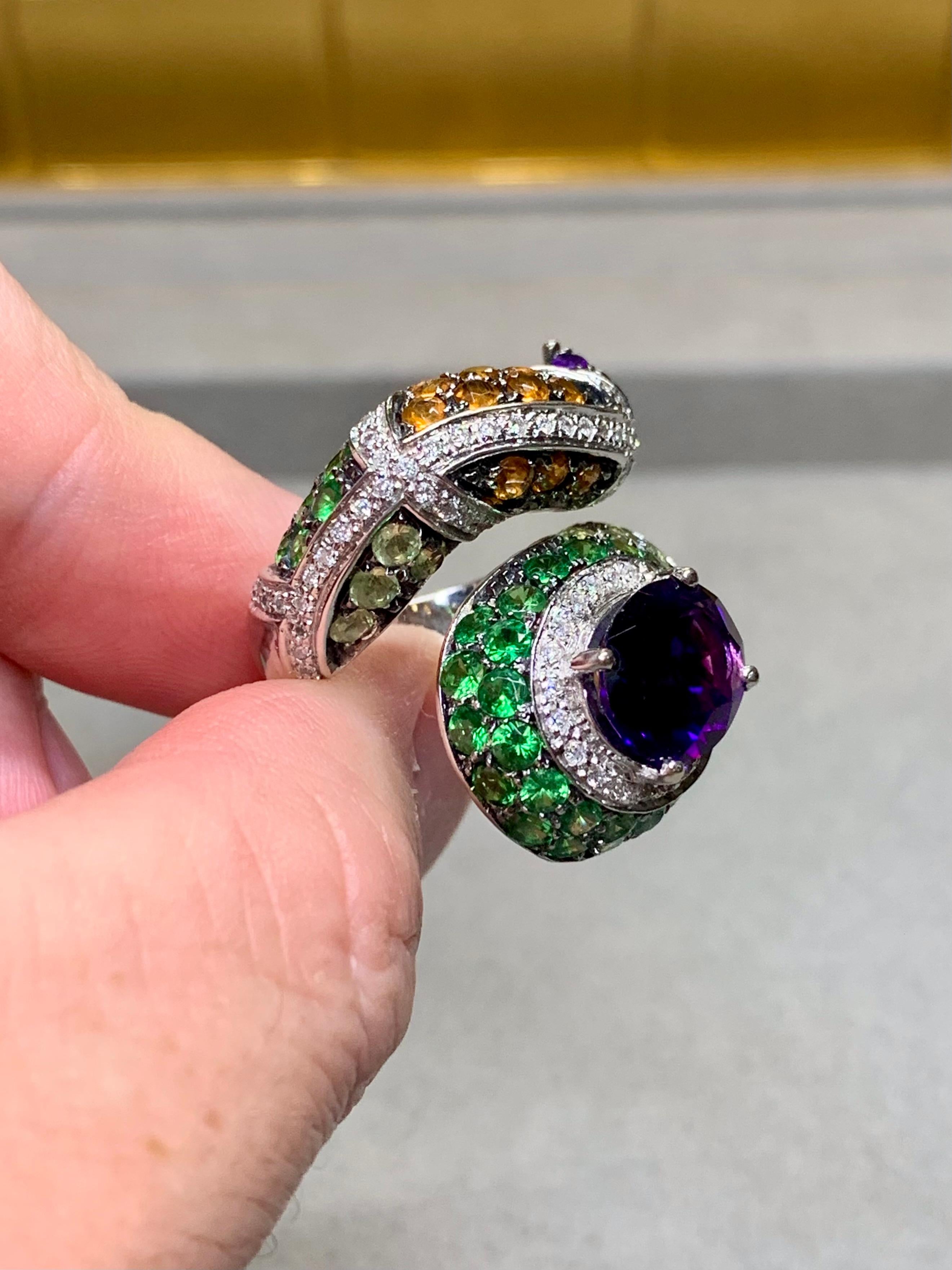 Contemporary 14K Diamond Amethyst Tsavorote Serpent Snake Large Cocktail Ring For Sale 1