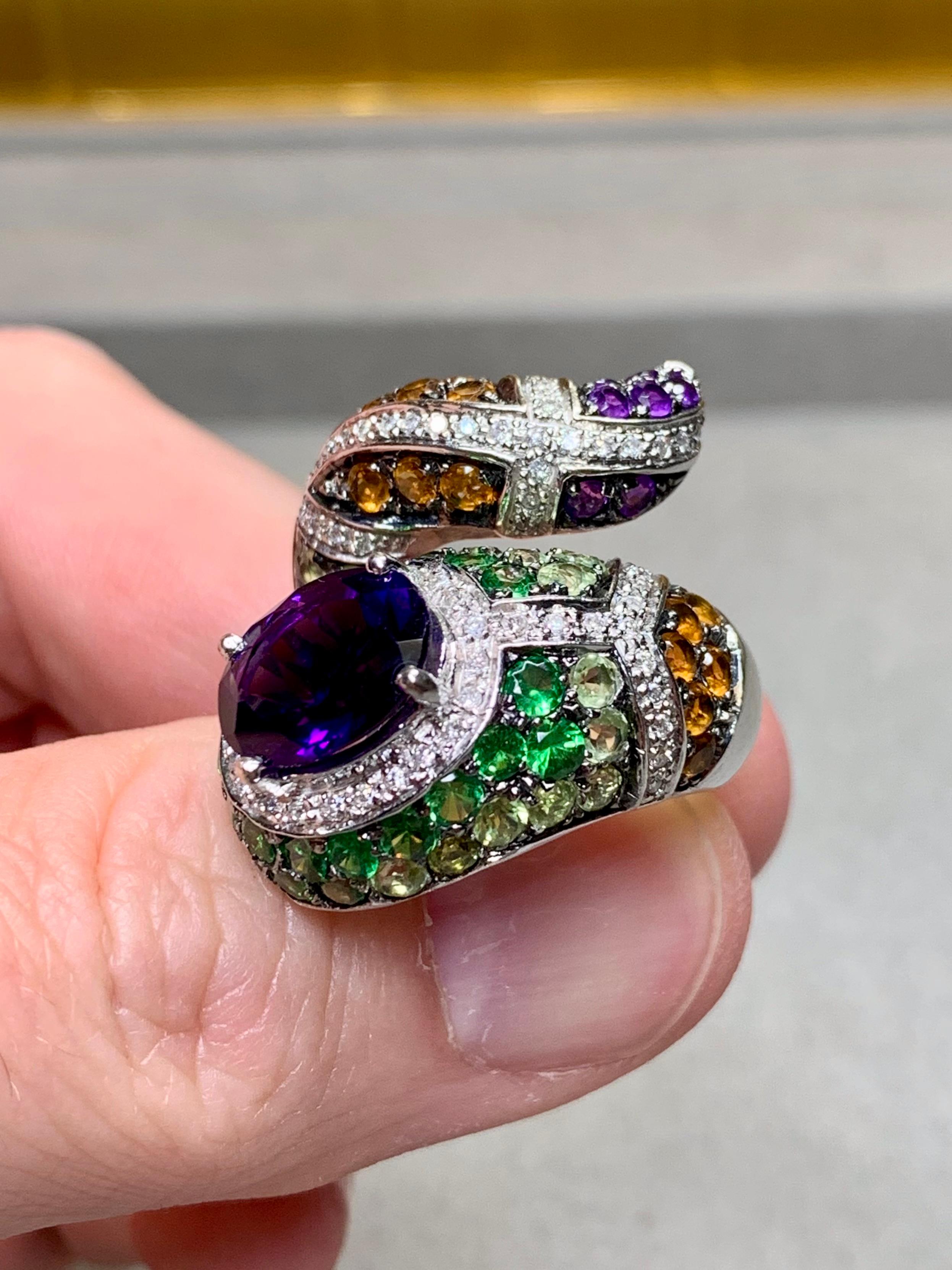 Contemporary 14K Diamond Amethyst Tsavorote Serpent Snake Large Cocktail Ring For Sale 2