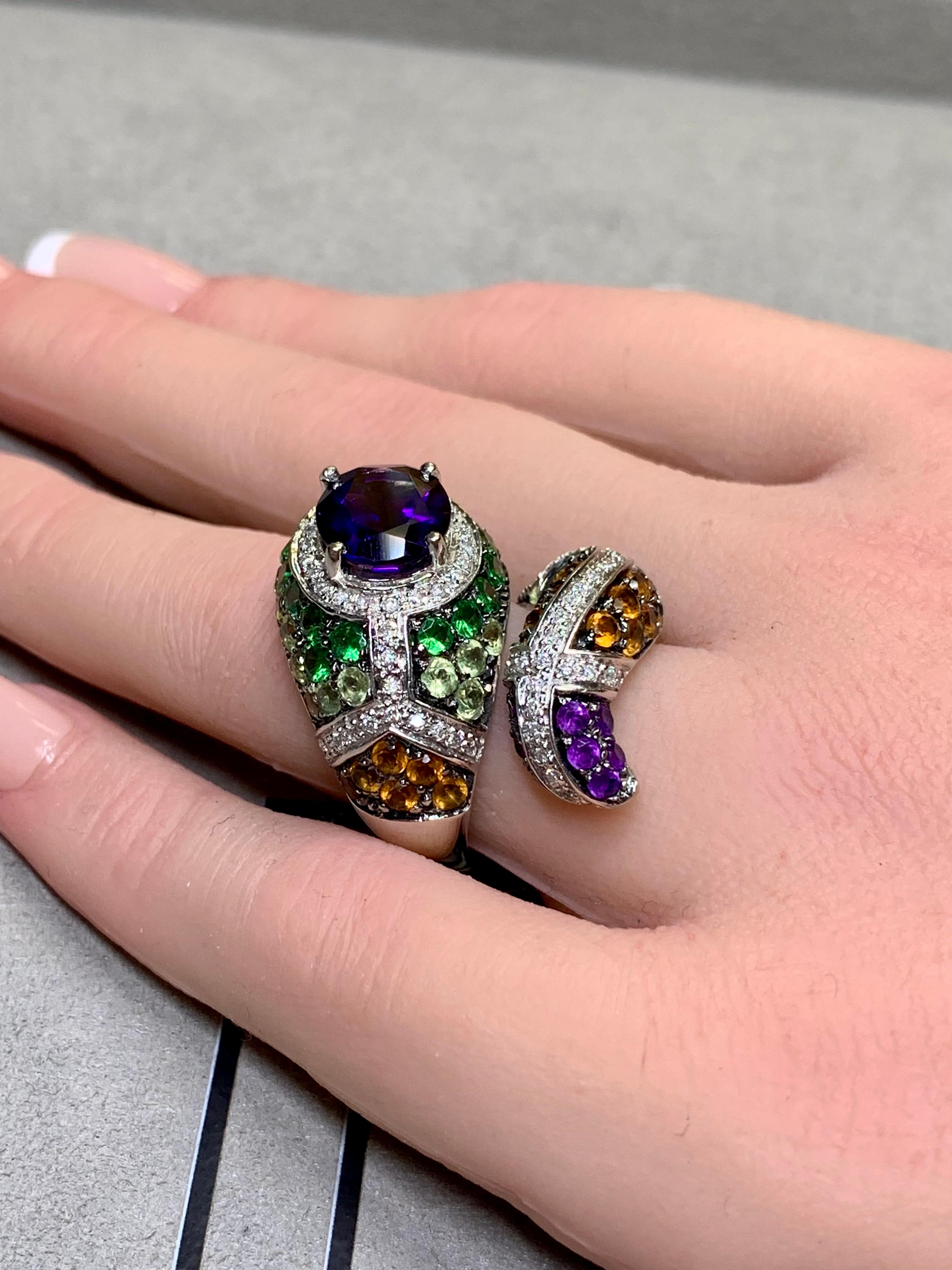 Contemporary 14K Diamond Amethyst Tsavorote Serpent Snake Large Cocktail Ring For Sale 4