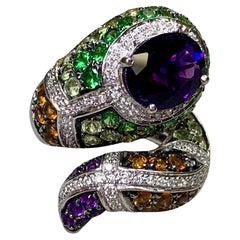 Contemporary 14K Diamond Amethyst Tsavorote Serpent Snake Large Cocktail Ring