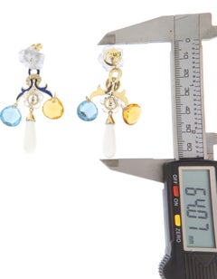 Contemporary 14K Gold Chandelier Earrings Carved Rock Crystal Multi-Color Quartz
