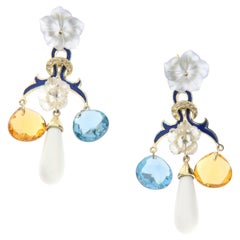 Contemporary 14K Gold Chandelier Earrings Carved Rock Crystal Multi-Color Quartz