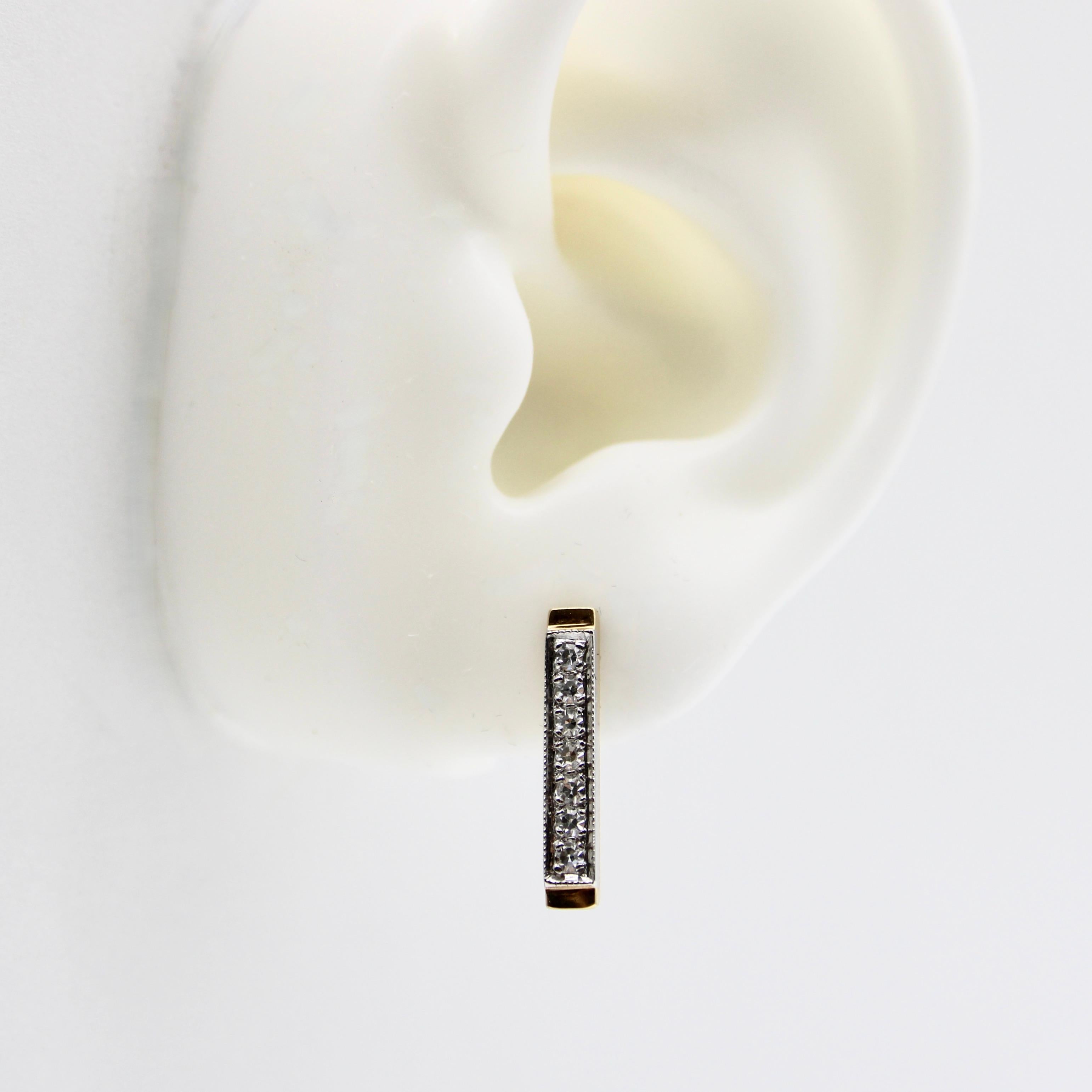 Single Cut Contemporary 14K Gold Diamond Bar Signature Earrings For Sale