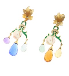 Contemporary 14K Gold Multi-Color Quartz Chandelier Earrings Pearls Diamond