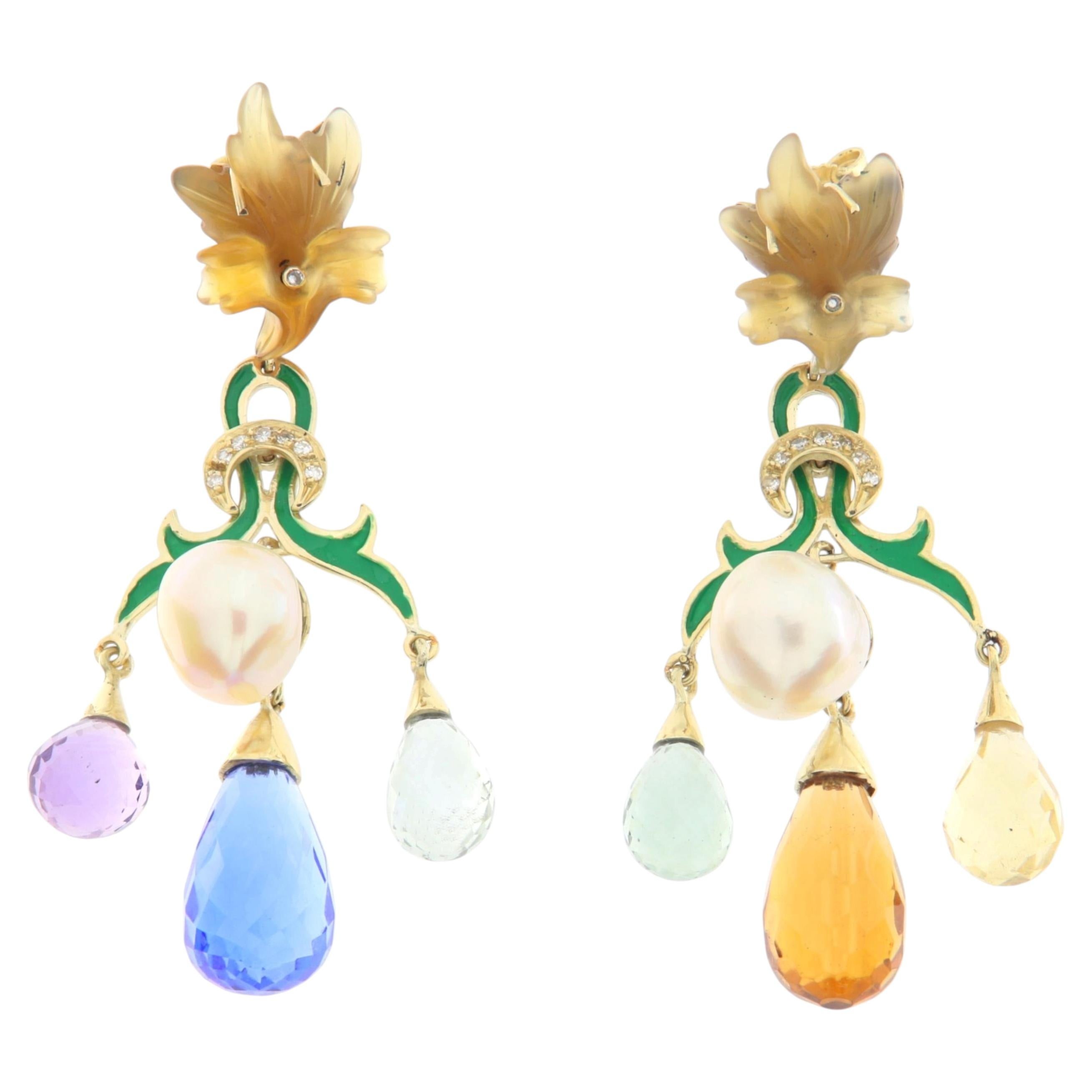AM Contemporary 14K Gold Multi-Color Quartz Chandelier Earrings Pearls Diamond im Angebot