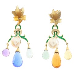 Contemporary 14K Gold Multi-Color Quartz Chandelier Earrings Pearls Diamond