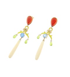 Contemporary 14k Gold Multi-Gems Chandelier Earrings Diamond Carnelian, Peridot