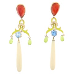 Contemporary 14k Gold Multi-Gems Chandelier Earrings Diamond Carnelian, Peridot