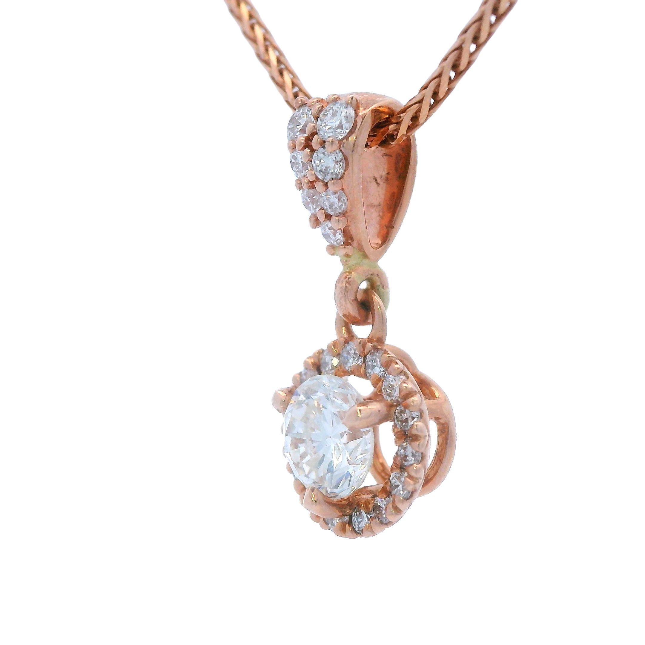 Taglio rotondo Ciondolo a goccia con diamante in oro rosa 14k con catena di grano da 18